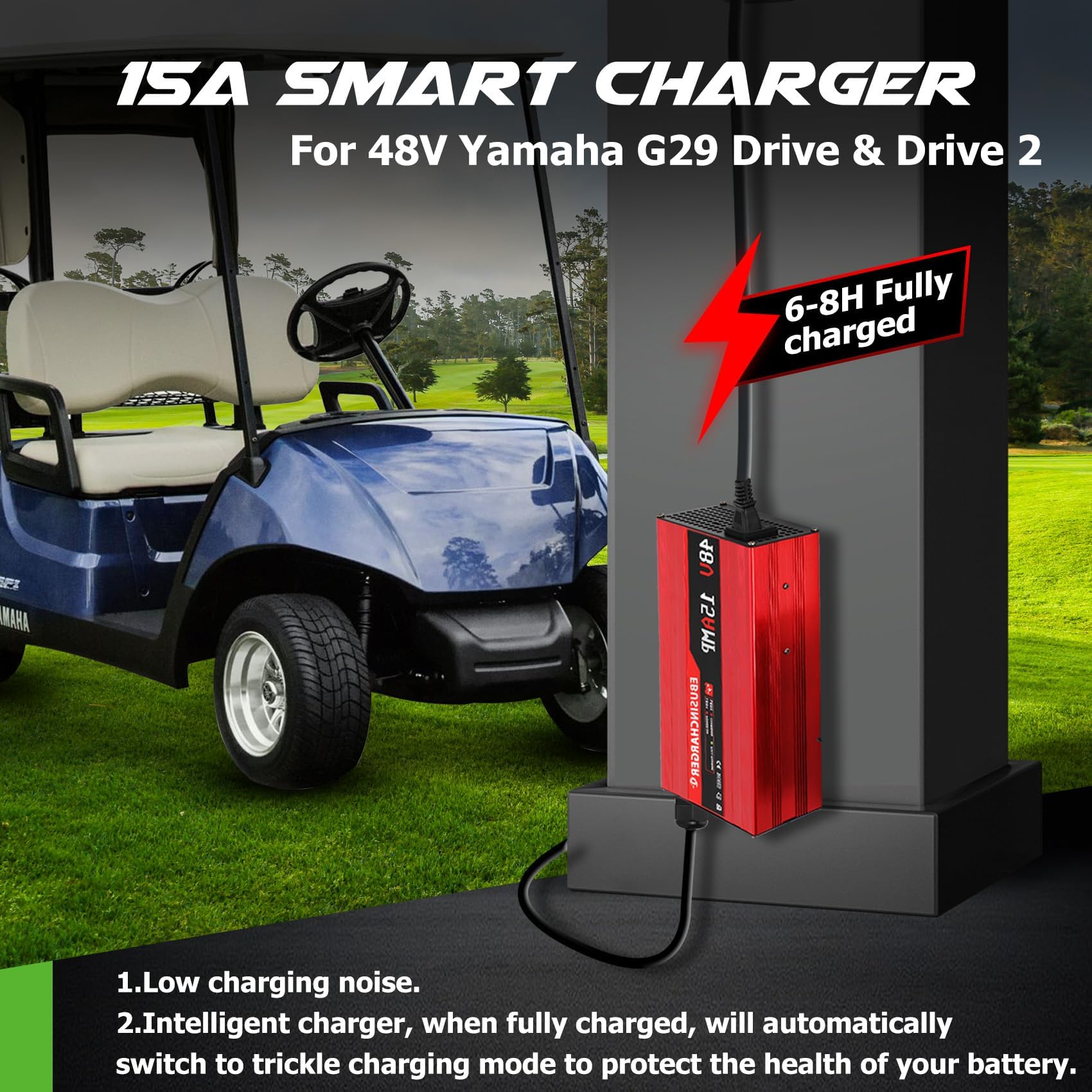 48V 15A Golf Cart Battery Charger for Yamaha G29 Drive & Drive 2 - Smart Charger with Trickle Charge & 3-Pin Leaf Plug - Fast 6-8 Hour Full Charge - Perfect for Home, Golf Course & RV Use