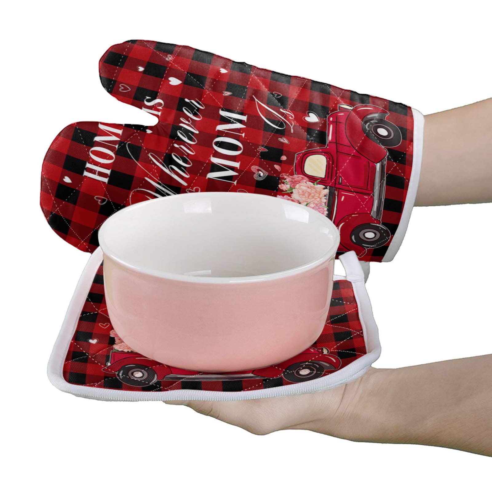 Heat Resistant Oven Mitts and Potholders Set - 2 Pcs Buffalo Check Kitchen Gloves with Cotton Infill for Cooking, Baking & Grilling - Perfect for Mothers Day Gifts & Home Kitchen Use