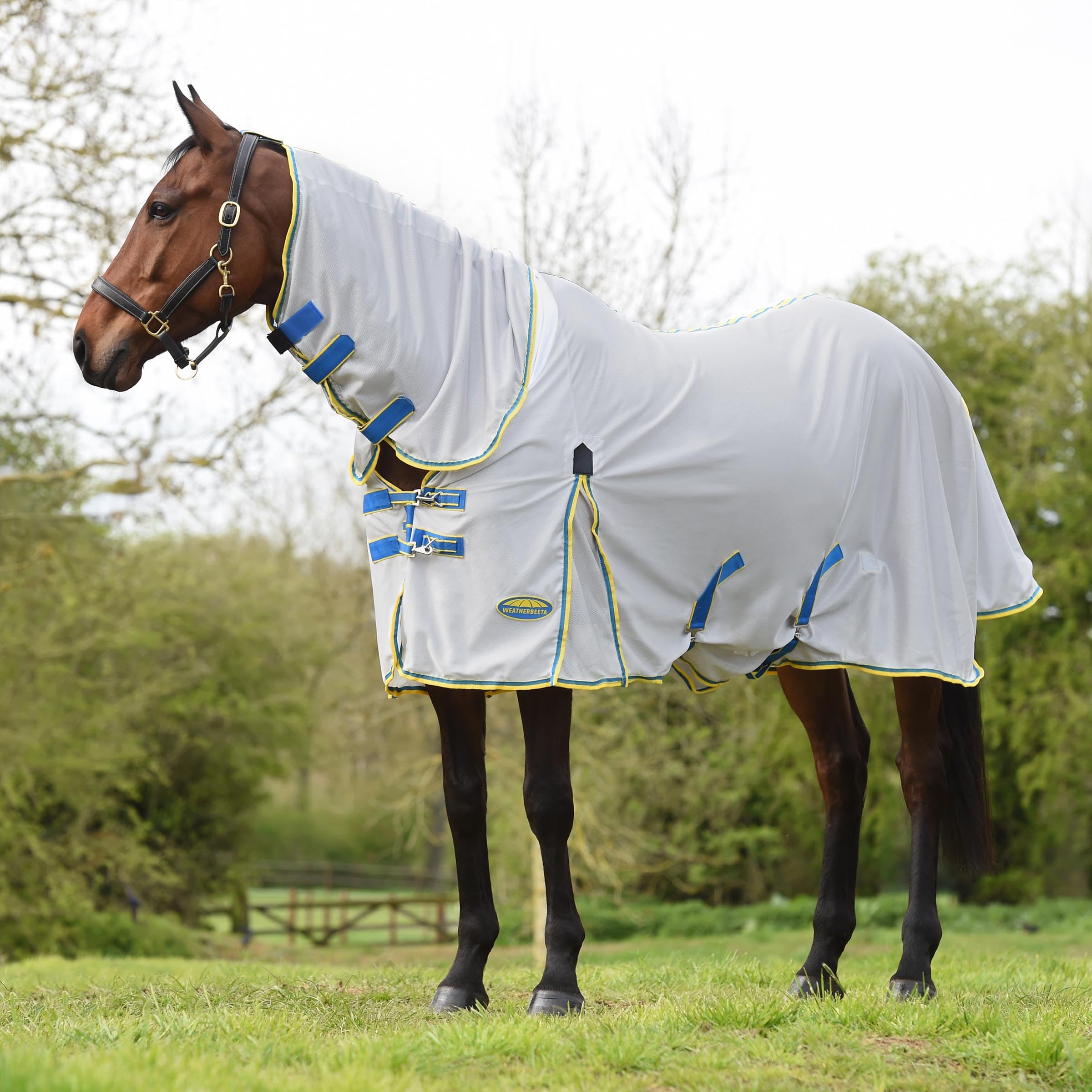 WeatherBeeta ComFiTec Zephyr Plus Mesh Horse Blanket - Breathable Silver/Blue/Lemon Combo Neck Cover 72