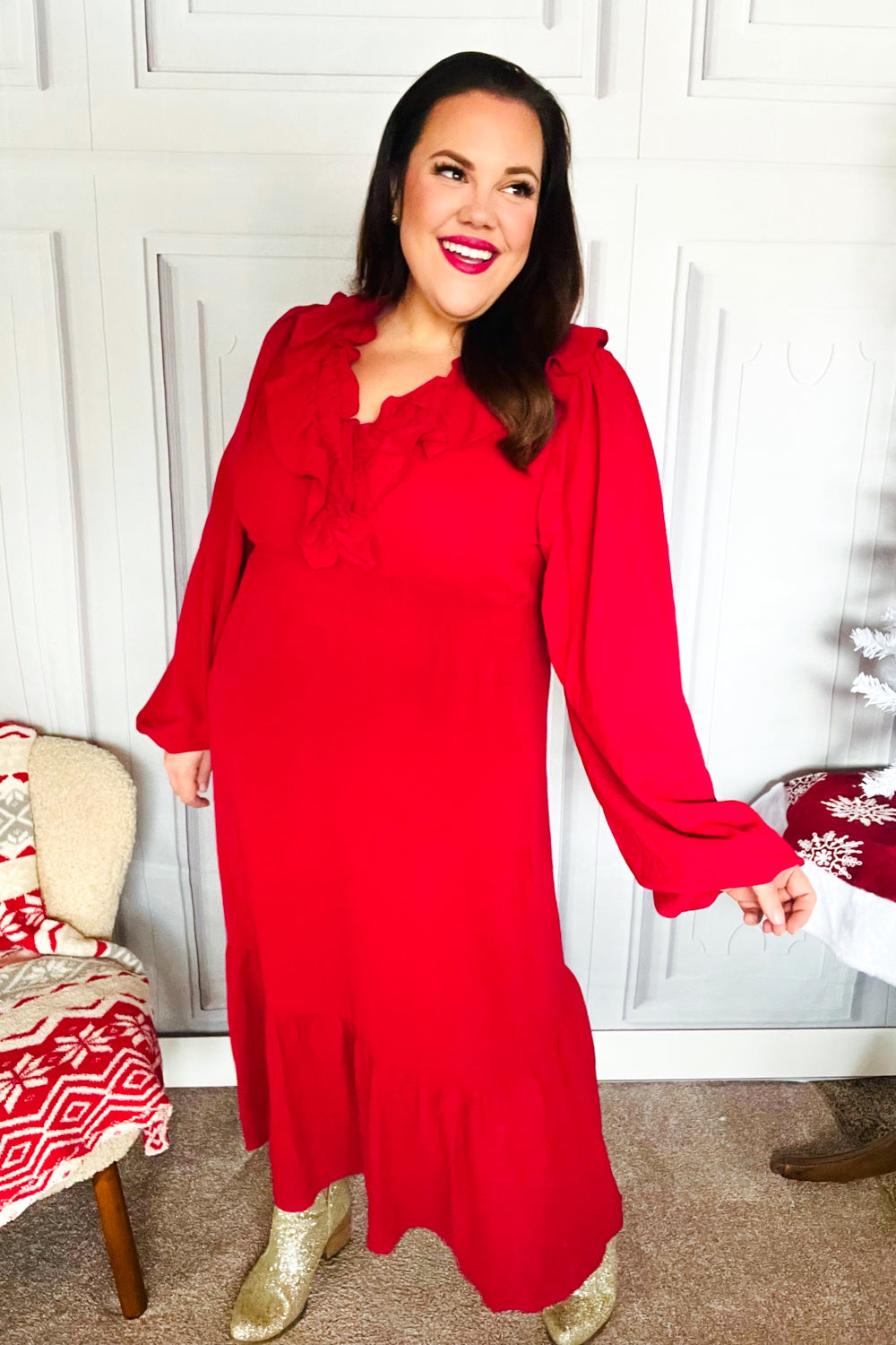 Elegant Holiday Red Overlap Ruffle V-Neck Midi Dress for Women | Christmas Party, Cocktail Event & Special Occasion Outfit