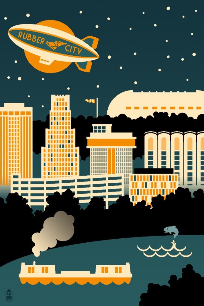 Retro Akron Ohio Skyline Metal Art - 16x24 Gallery Quality Aluminum Wall Decor for Home, Office & Man Cave