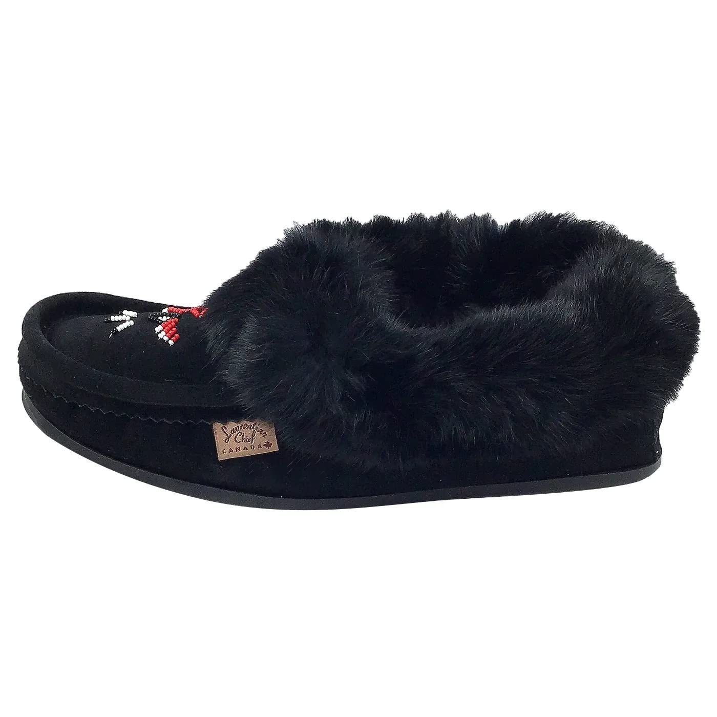 Laurentian Chief Men's Suede Slippers with Rabbit Fur Collar - Soft Sole Moccasins for Indoor Comfort & Cozy Home Wear