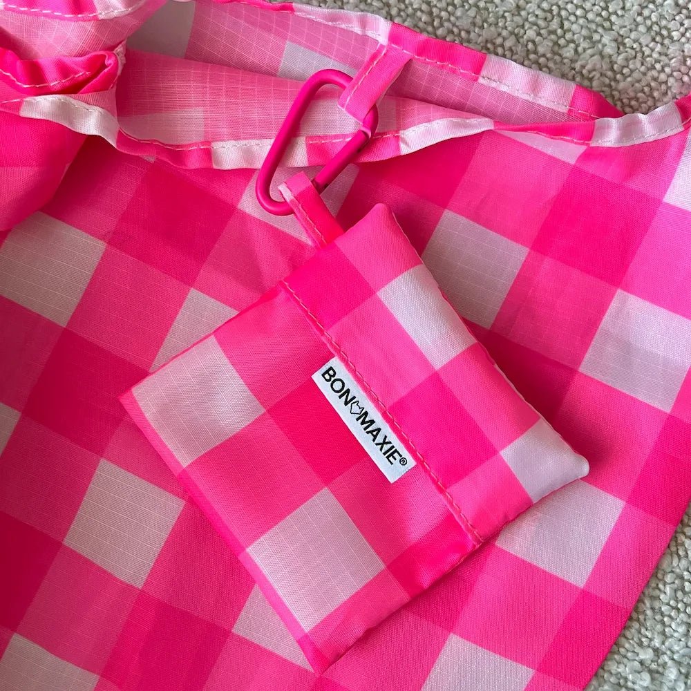 Eco-Friendly Reusable Shopping Bags - 2 Pack with 2 Sizes (Small & Large) - Stylish Neon Pink Gingham Pattern - Perfect for Groceries, Beach Trips & Farmers Markets