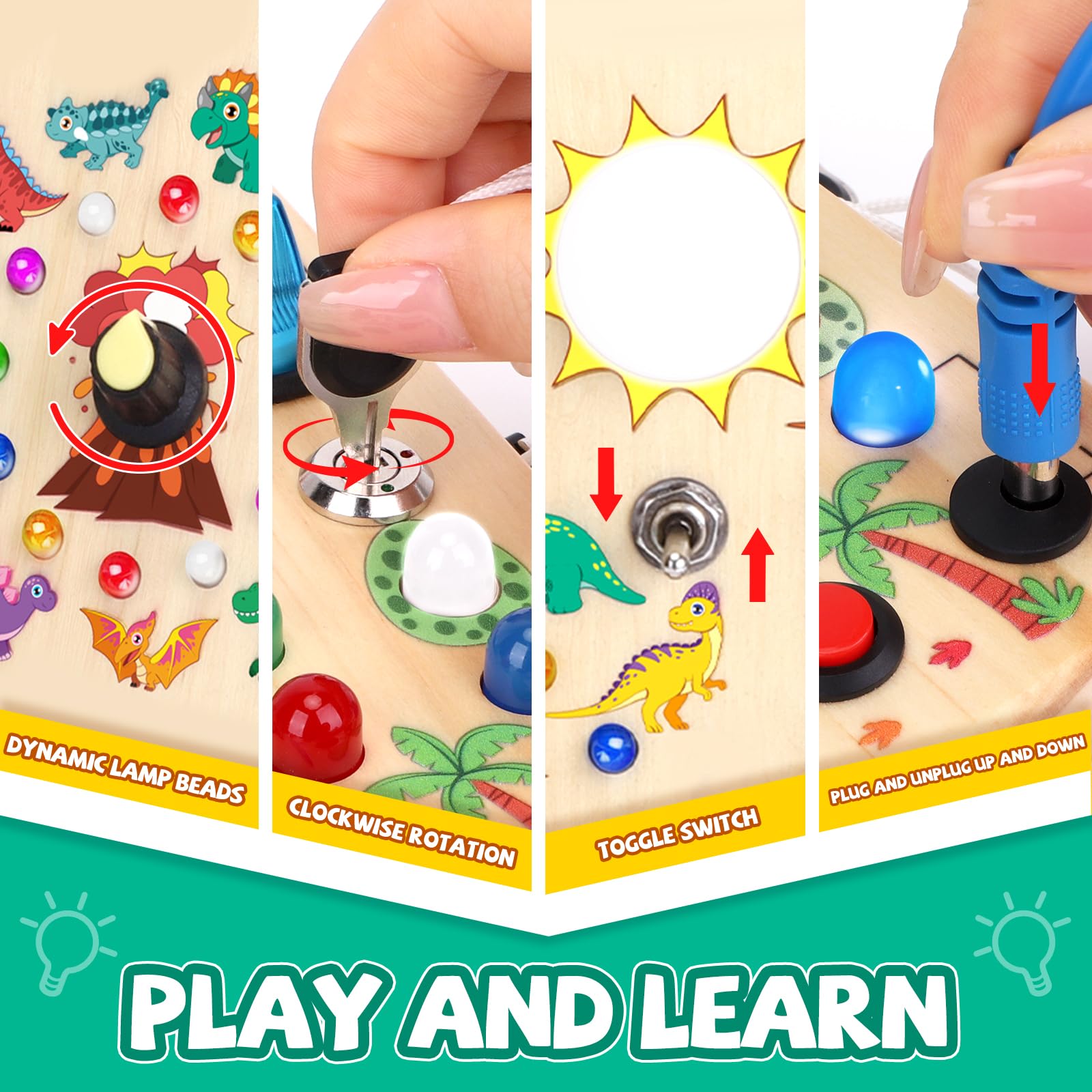 Dinosaur Busy Board Montessori Toys for Toddlers 1-3 Years Old - Wooden Sensory Travel Learning Toy for 1+ Year Old Boys & Girls - Perfect Gift for Airplane, Car Rides & Home Play (Dinosaur Busy Board Plus V2)