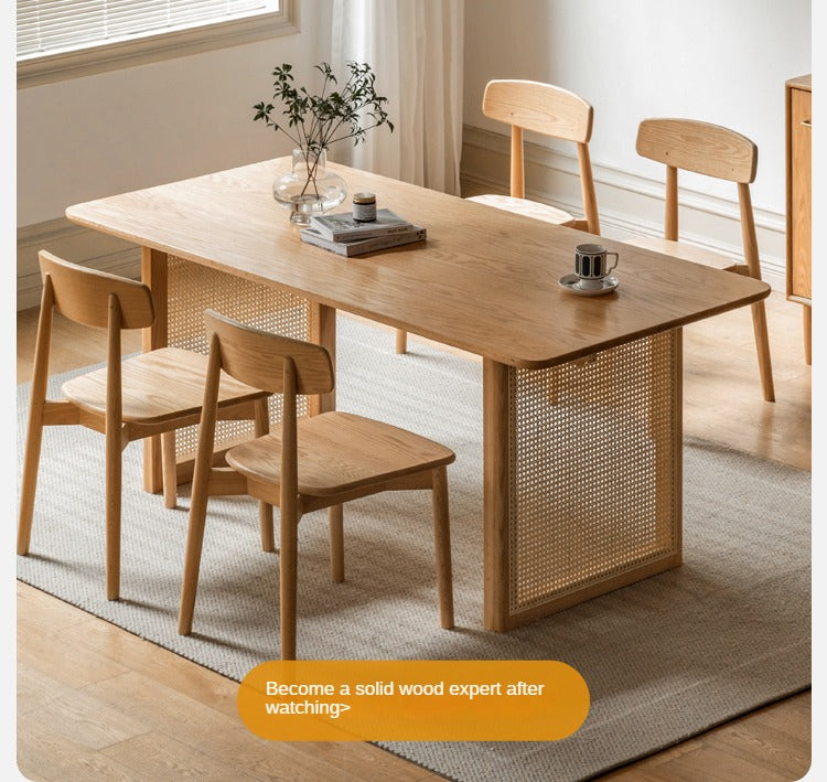Solid Oak Wood Rattan Dining Table - Rustic Farmhouse Style for Indoor and Outdoor Use