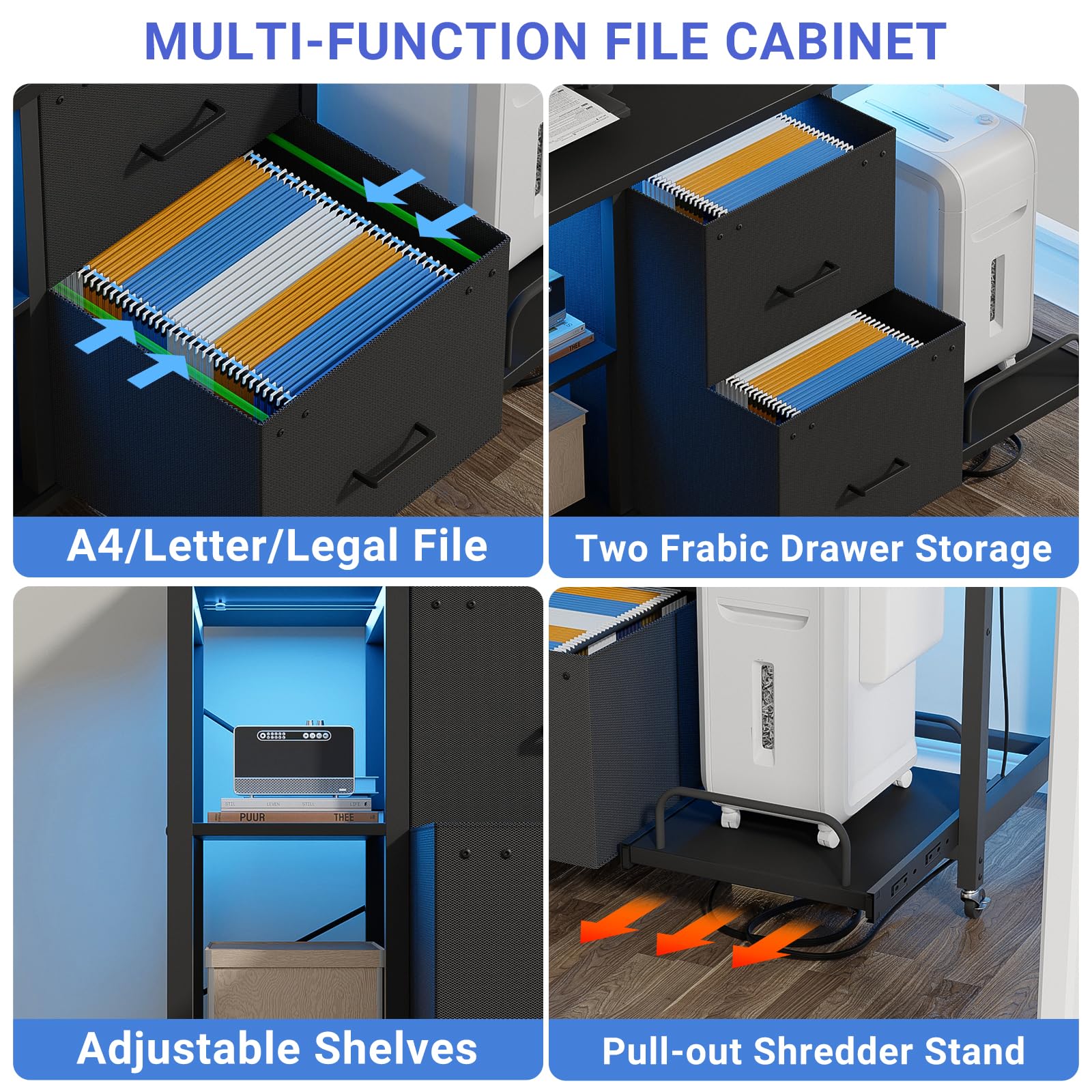 2-Drawer Lateral File Cabinet with LED Light & Outlet - Mobile Rolling Office Cabinet with Storage, Letter/Legal Size Filing - Perfect for Home Office Organization & Printer/Shredder Stand - Black Office Furniture