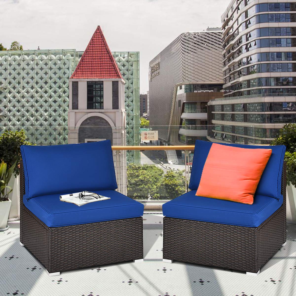 Tangkula 2-Piece Outdoor Wicker Armless Sofa Set with Thick Cushions - Navy Blue Patio Rattan Sectional Furniture for Garden, Balcony & Poolside Relaxation | Perfect for Lounging, Entertaining & Outdoor Decor