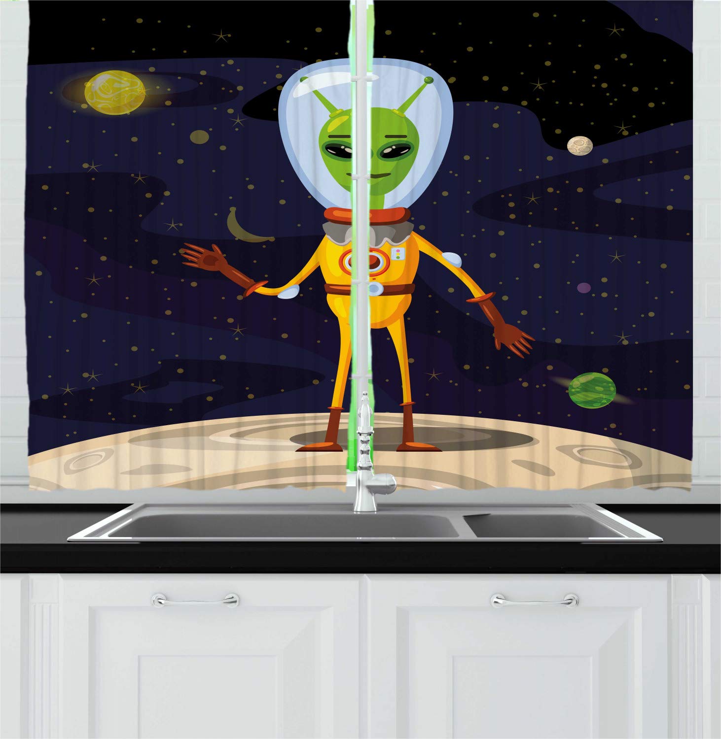 Ambesonne UFO Alien Kitchen Curtains - Funny Cartoon Space Creature in Spacesuit on Moon Backdrop, 2-Panel Window Drapes for Kitchen & Cafe Decor, 55x39 Inches, Multicolor - Perfect for Sci-Fi Themed Rooms & Space Enthusiast Home Decor