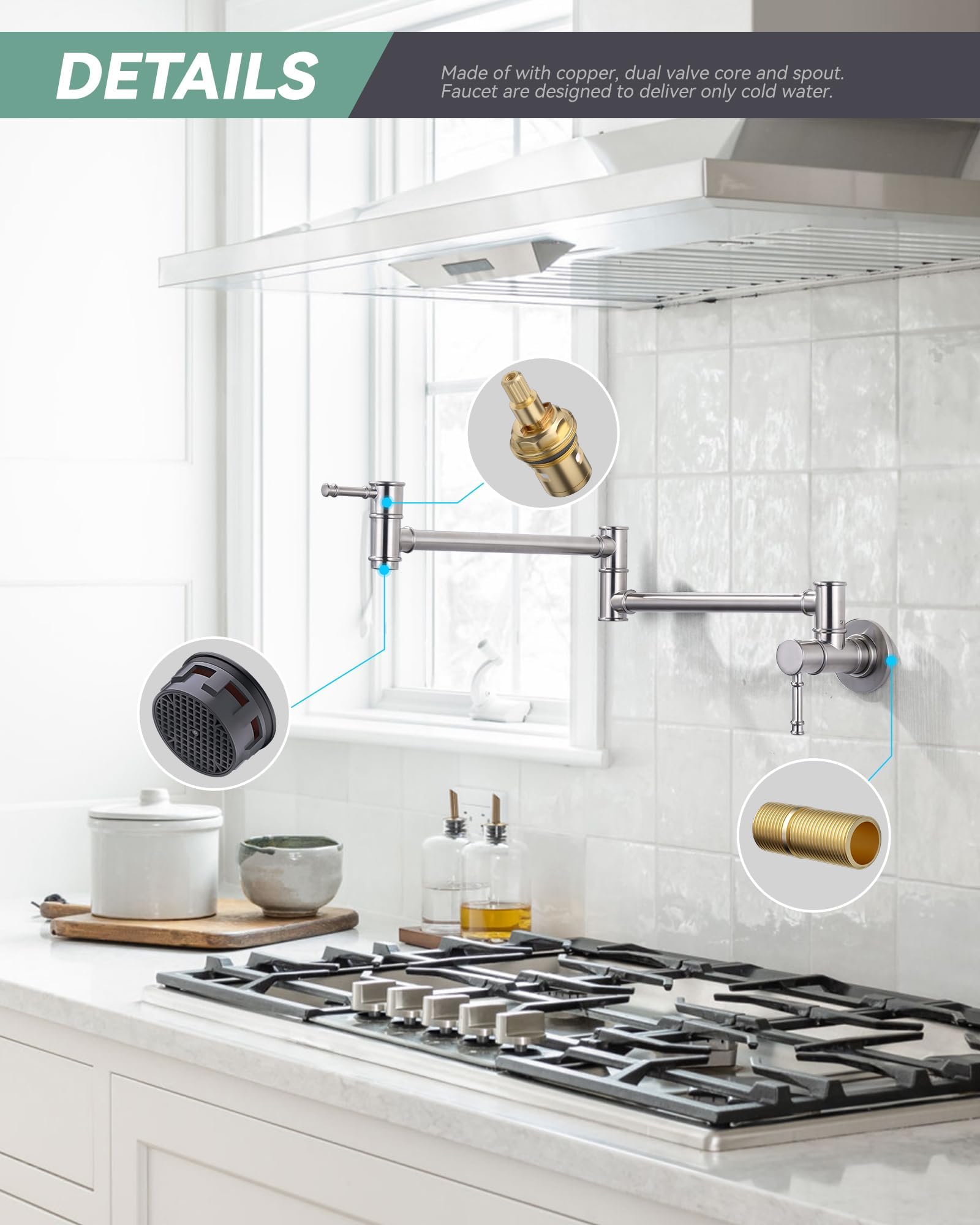 Solid Brass Wall Mount Pot Filler Faucet - Brushed Nickel Finish, Single Hole Installation, Dual Handle Design for Stove & Kitchen Use - Perfect for Cooking, Filling Pots & Pasta Making