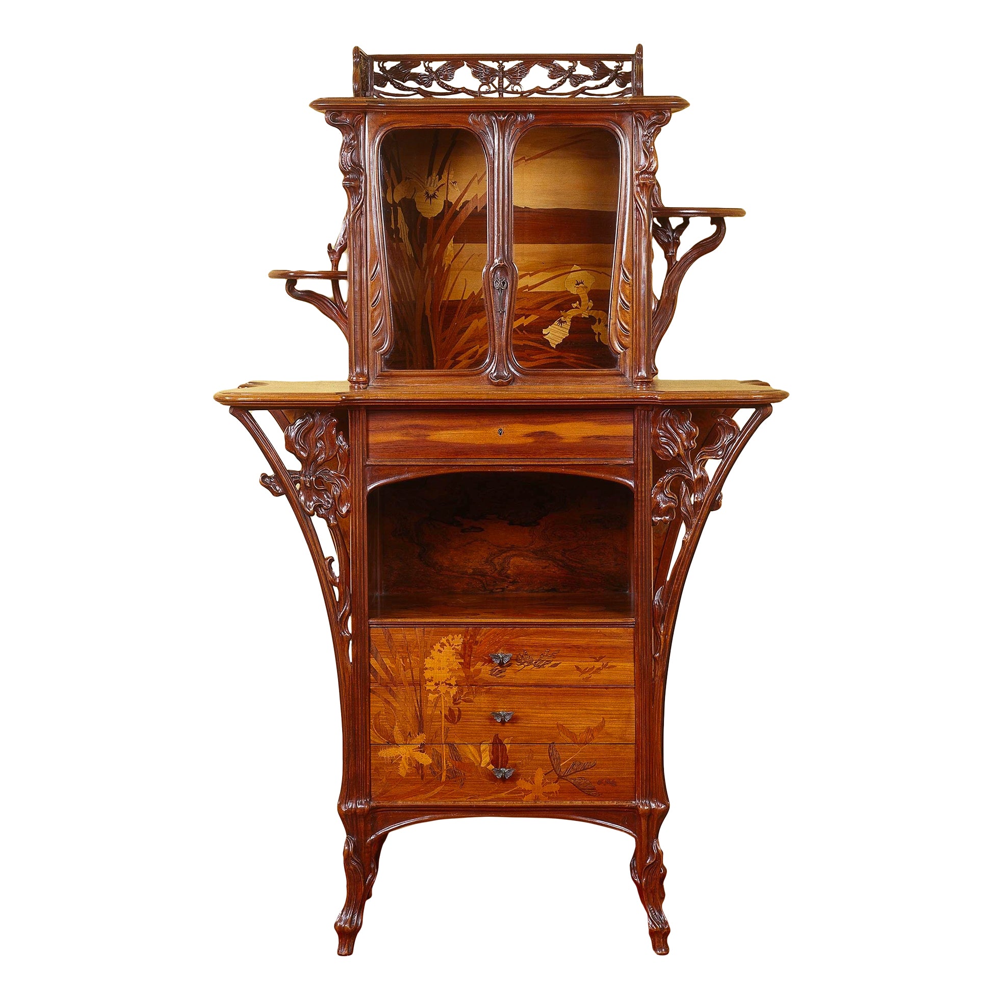 Antique Émile Gallé French Walnut & Fruitwood Marquetry Display Cabinet - Vintage Glass Vitrine for Living Room, Dining Room, or Collector's Showcase
