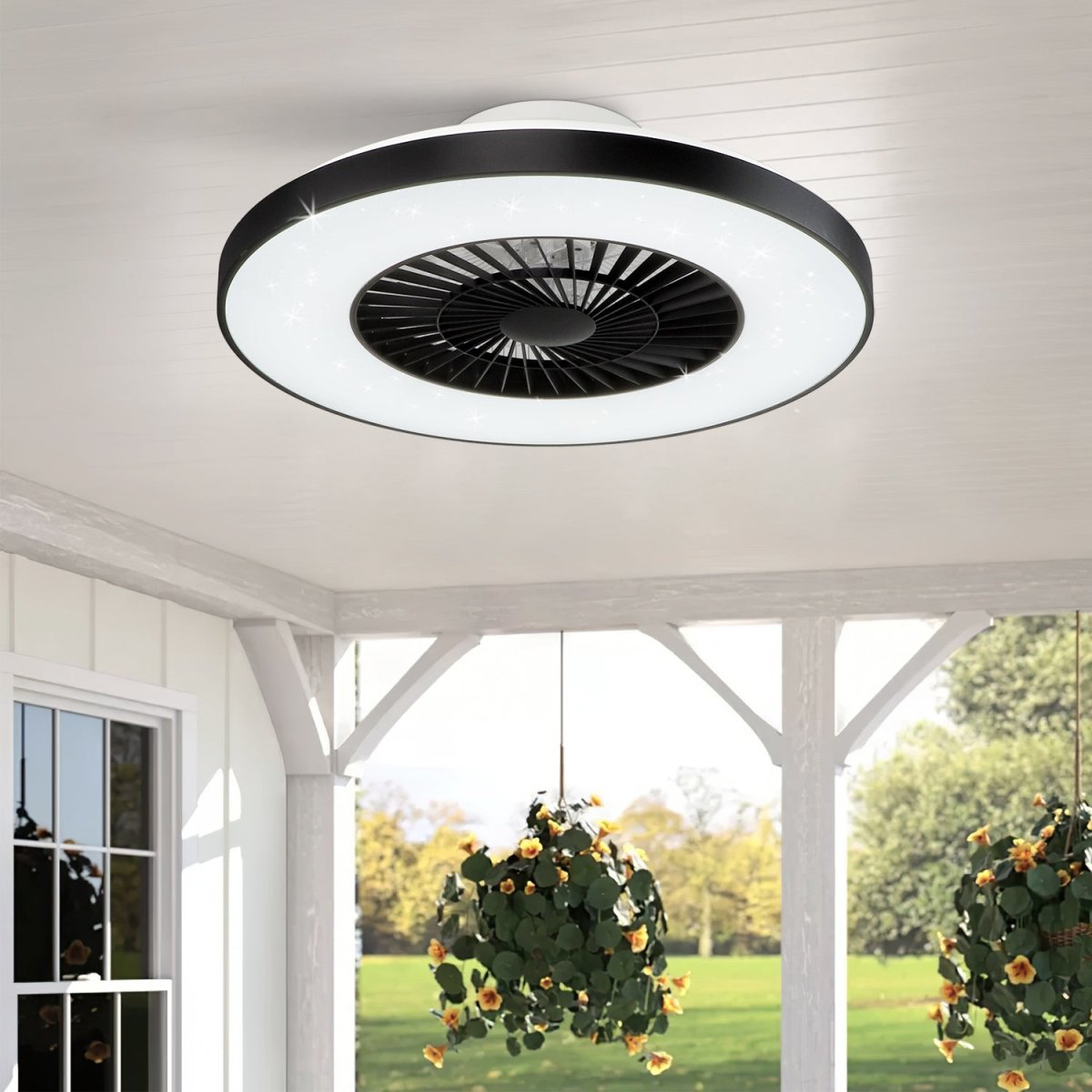 DLLT Modern Ceiling Fan with Light, 40W LED Dimmable Remote Control, 7 Invisible Blades Semi-Flush Mount, 3-Speed Low Profile Indoor Ceiling Fan (3000K-6500K Adjustable Color Temperature) - Perfect for Bedroom, Living Room, and Office Spaces