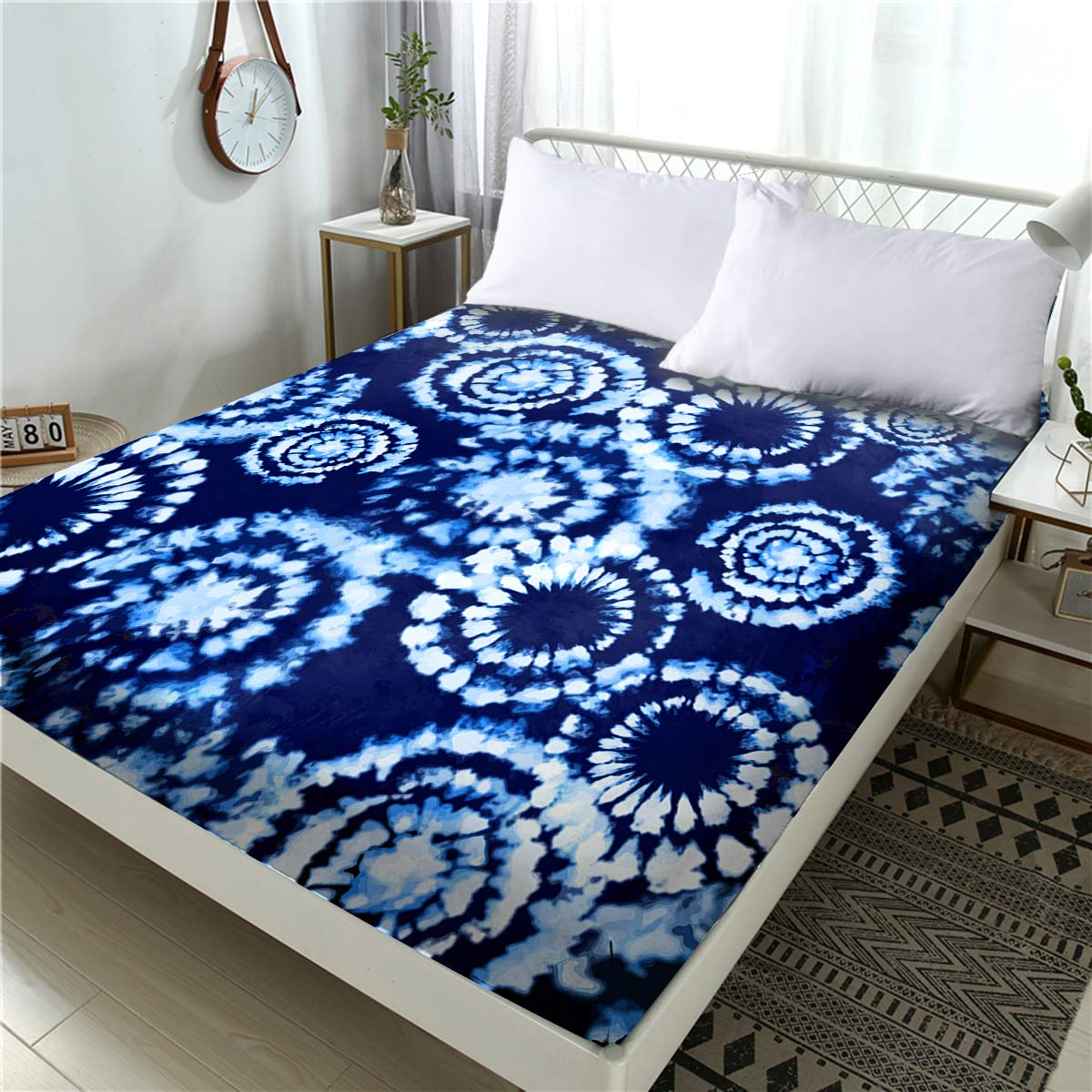 BlessLiving Tie Dye Fitted Sheet - Ultra Soft Brushed Microfiber Bedding - Bohemian Deep Pocket Twin Size - Blue Watercolor Circles Design - Hypoallergenic & Wrinkle Resistant - Perfect for Dorm Rooms, Guest Beds & Boho Chic Bedrooms