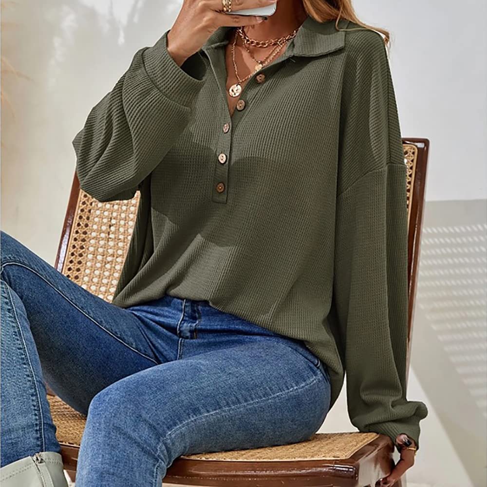 Janepam Women's Waffle Knit Pullover Sweater - Half Button Batwing Sleeve, Turndown Collar Loose Jumper | Casual Wear, Office Outfit, Fall & Winter Fashion