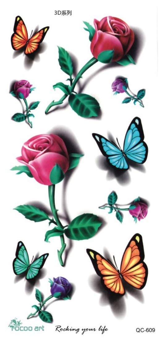 Waterproof Temporary Unisex Body Tattoo - Large 19x9cm Rose Bud & Butterflies Design for Parties, Festivals & Costume Events | SENECIO®