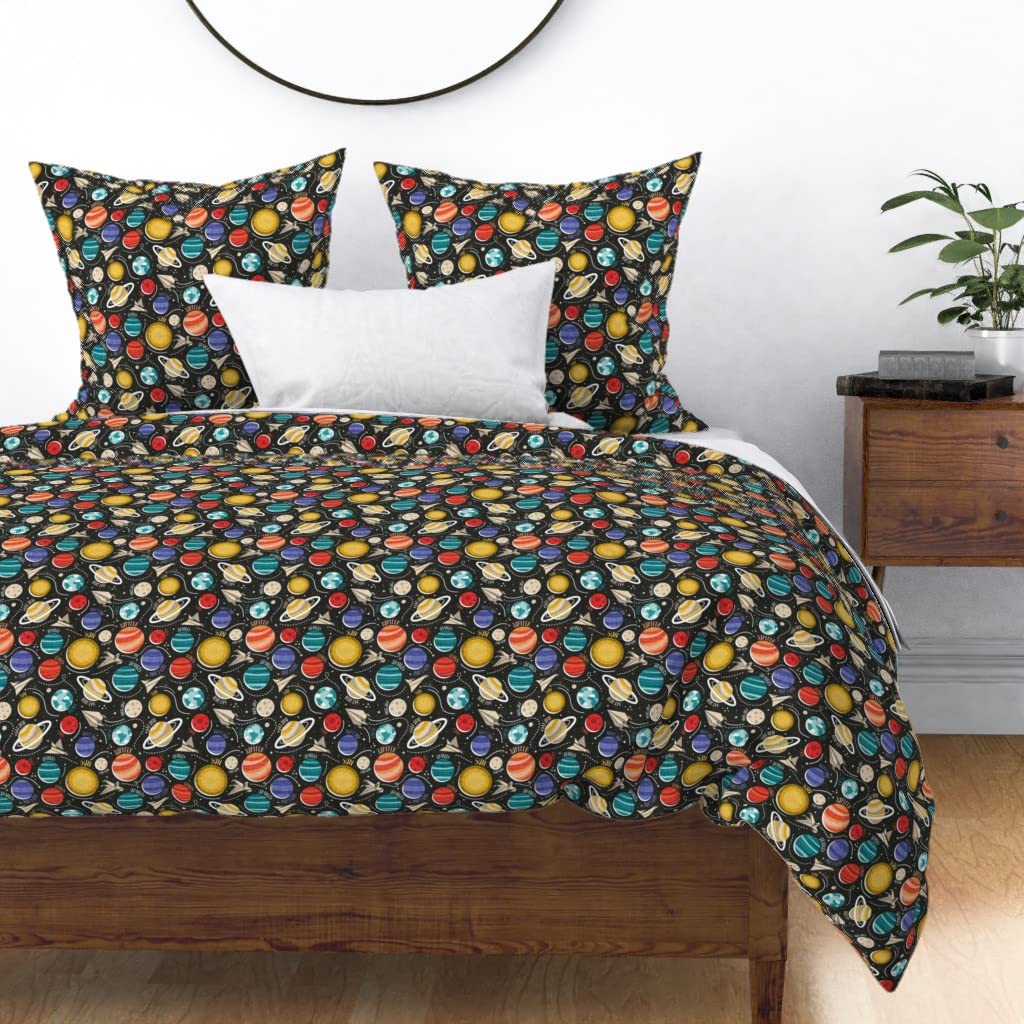 Space Adventure Solar System Planets Duvet Cover - Twin Size Cotton Sateen Bedding Set for Boys Room | Astronomy Themed Custom Printed Comforter Cover | Perfect for Kids Bedroom Decor & Space Enthusiasts