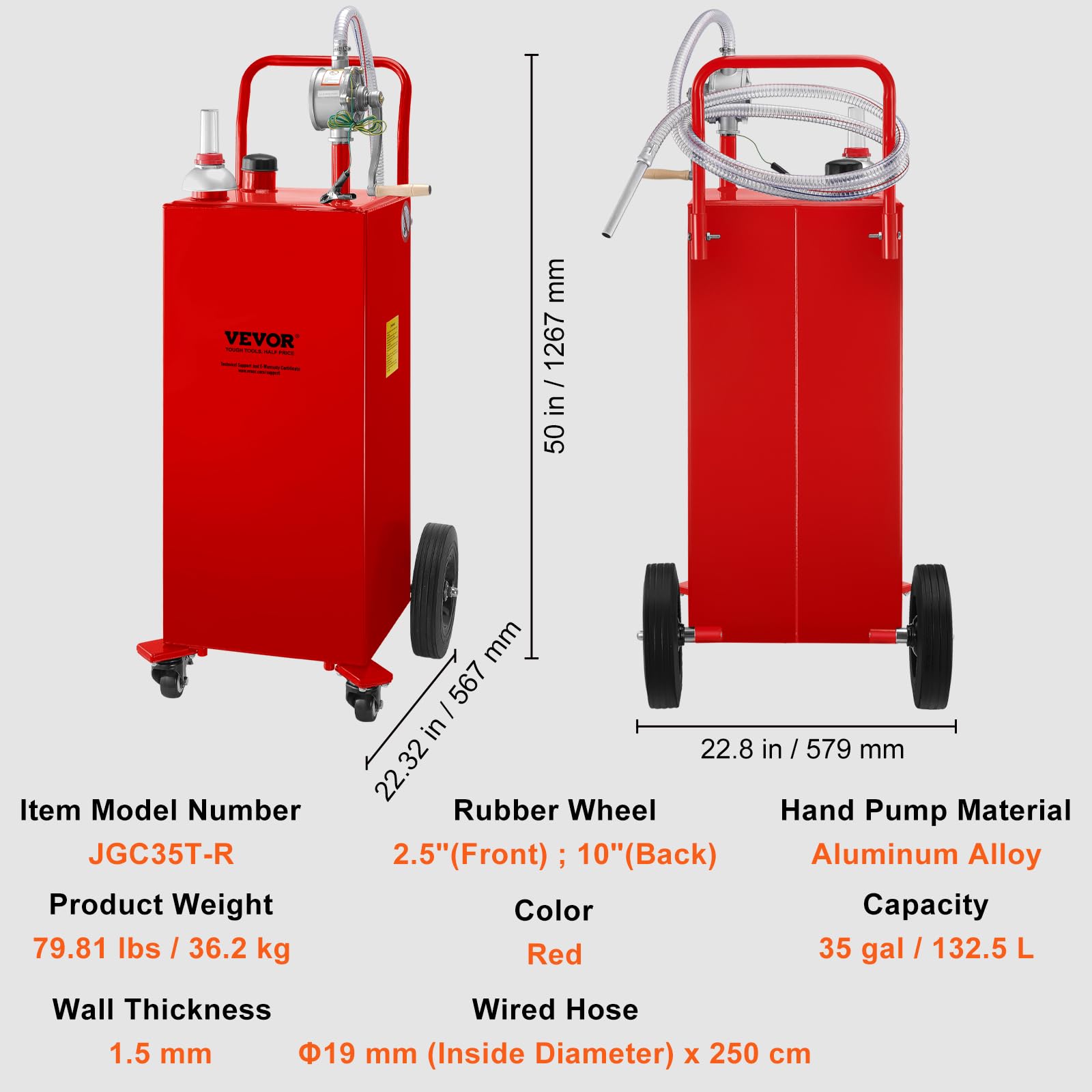 VEVOR 35 Gallon Gas Caddy with Manual Pump - Portable Fuel Storage Tank on Wheels for Gasoline & Diesel - Perfect for Cars, Lawn Mowers, ATVs, Boats & Outdoor Equipment - Red (Ideal for Garage, Farm, Construction Sites & Emergency Fuel Storage)