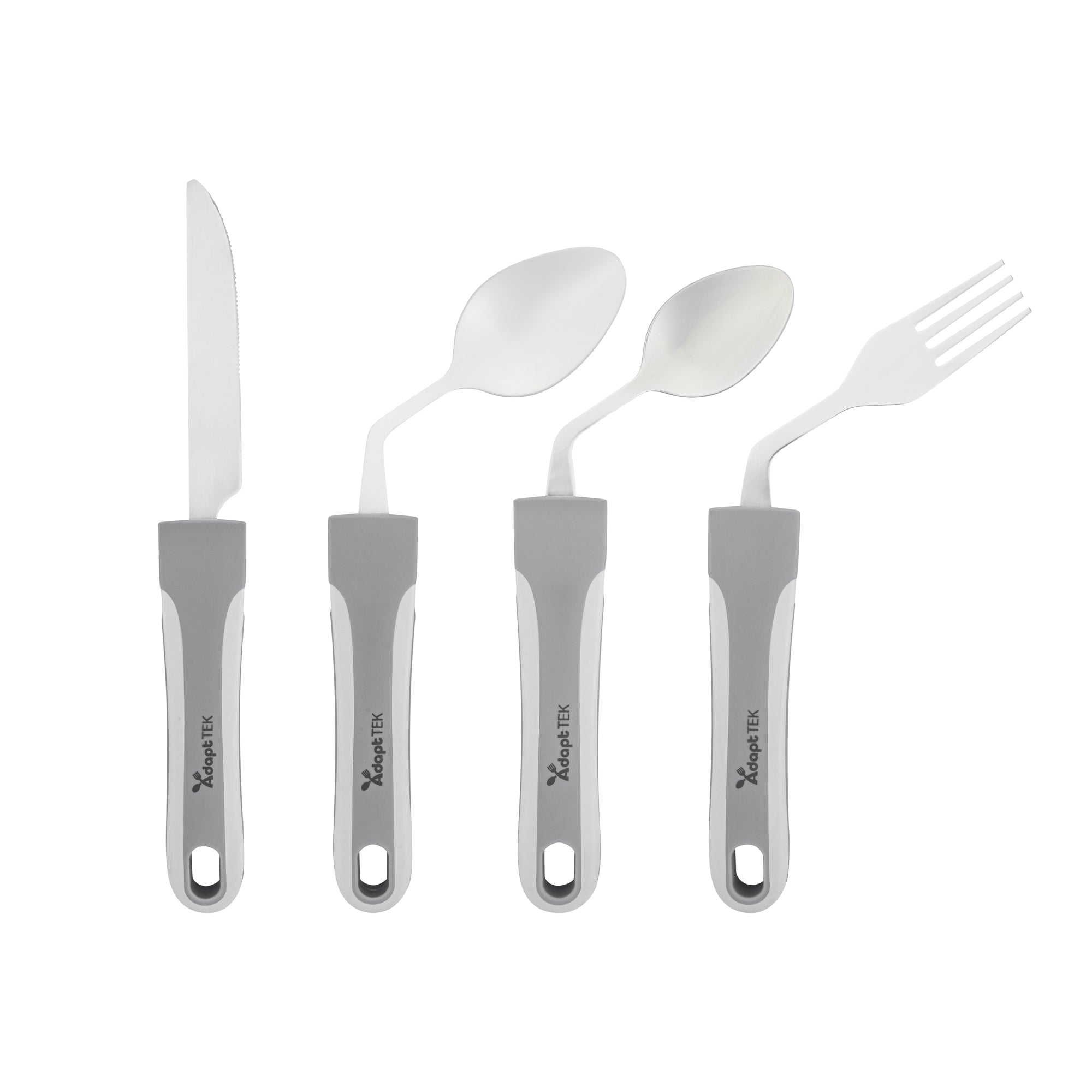 Adapt Tek Gray Stainless Steel 4-Piece Adaptive Offset Utensil Set for Left-Handed Users - Lightweight, Non-Slip Grip - Perfect for Arthritis & Limited Mobility - 1 Count Box - Ideal for Cooking, Dining & Assisted Living