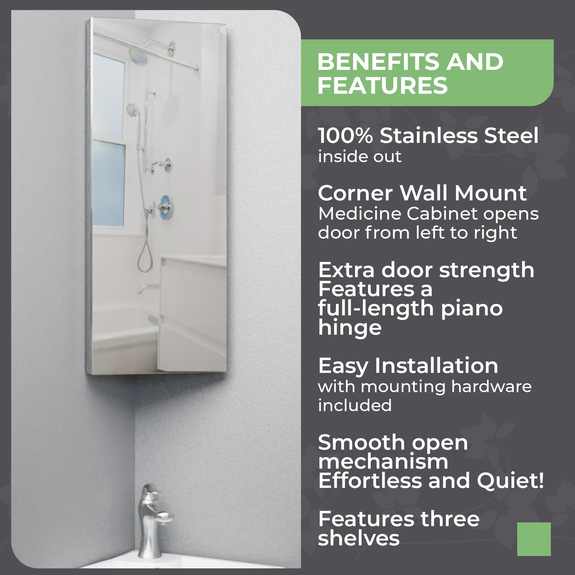 Renovators Supply Infinity Corner Medicine Cabinet with Mirror - Triple Shelf Storage, Modern Wall Mount Bathroom Cabinet - 31.5 Inch Left Open, Brushed Stainless Steel (Pack of 1) - Perfect for Small Bathrooms, Vanity Storage & Space-Saving Organization