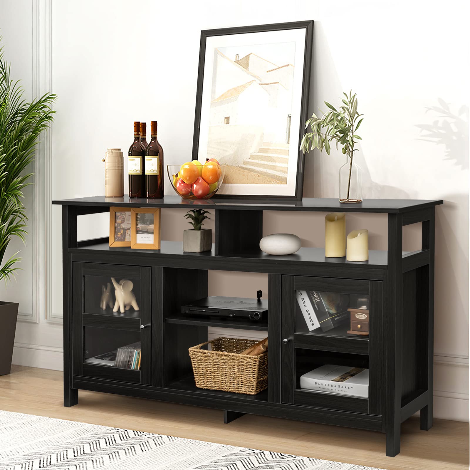 Farmhouse TV Stand for 65 Inch TV - Rustic Wooden TV Cabinet with 2 Storage Cabinets & 4 Open Shelves - Entertainment Center with Detachable Shelf - Perfect for Living Room, Bedroom or Home Theater (Black) - Fits 18