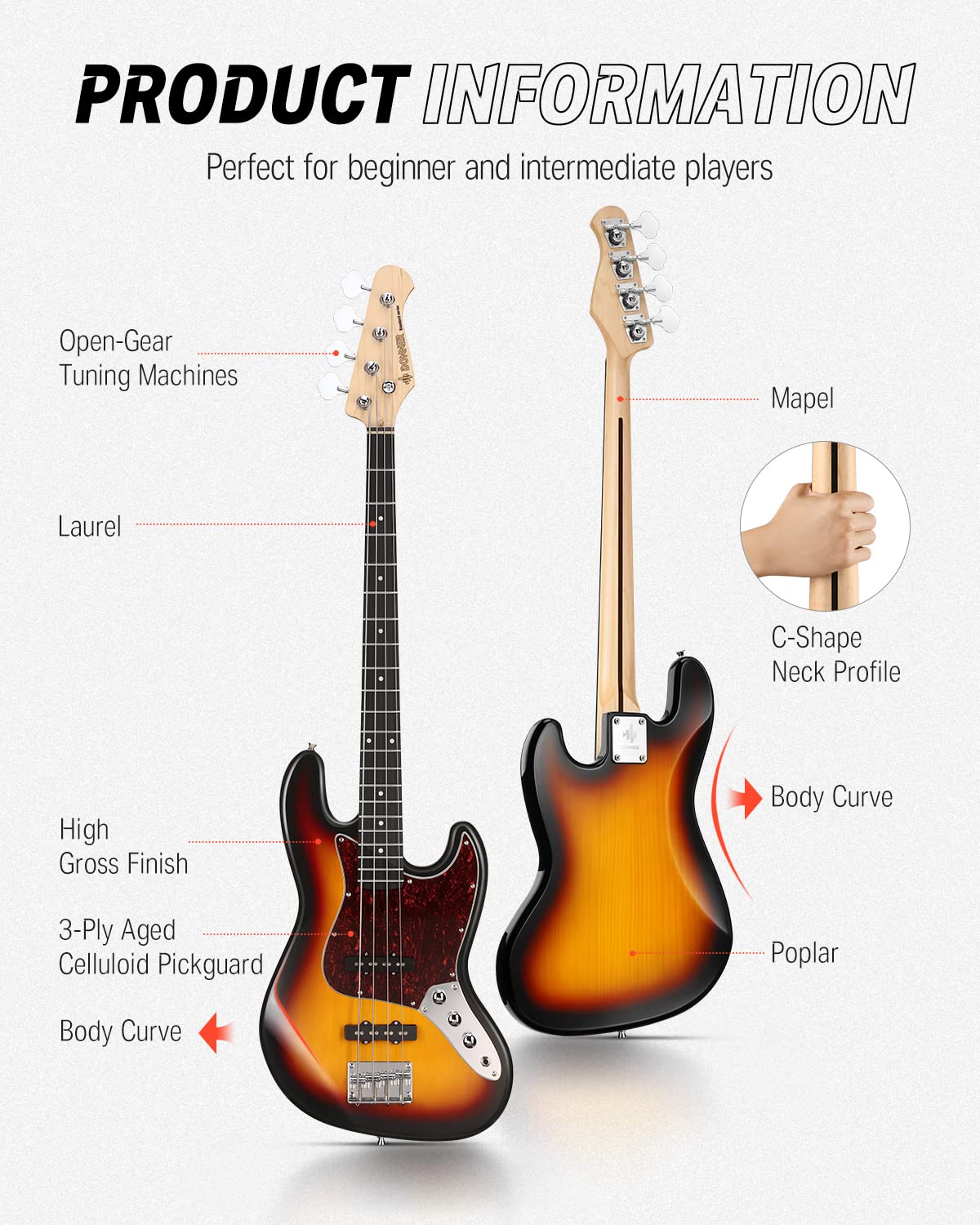 Donner DJB-510 4-String Full Size Electric Bass Guitar Kit for Beginners - Sunburst JB-Style Bass with Gig Bag, Strap, Cable & Free Online Lessons | Perfect for Practice, Recording & Live Performances