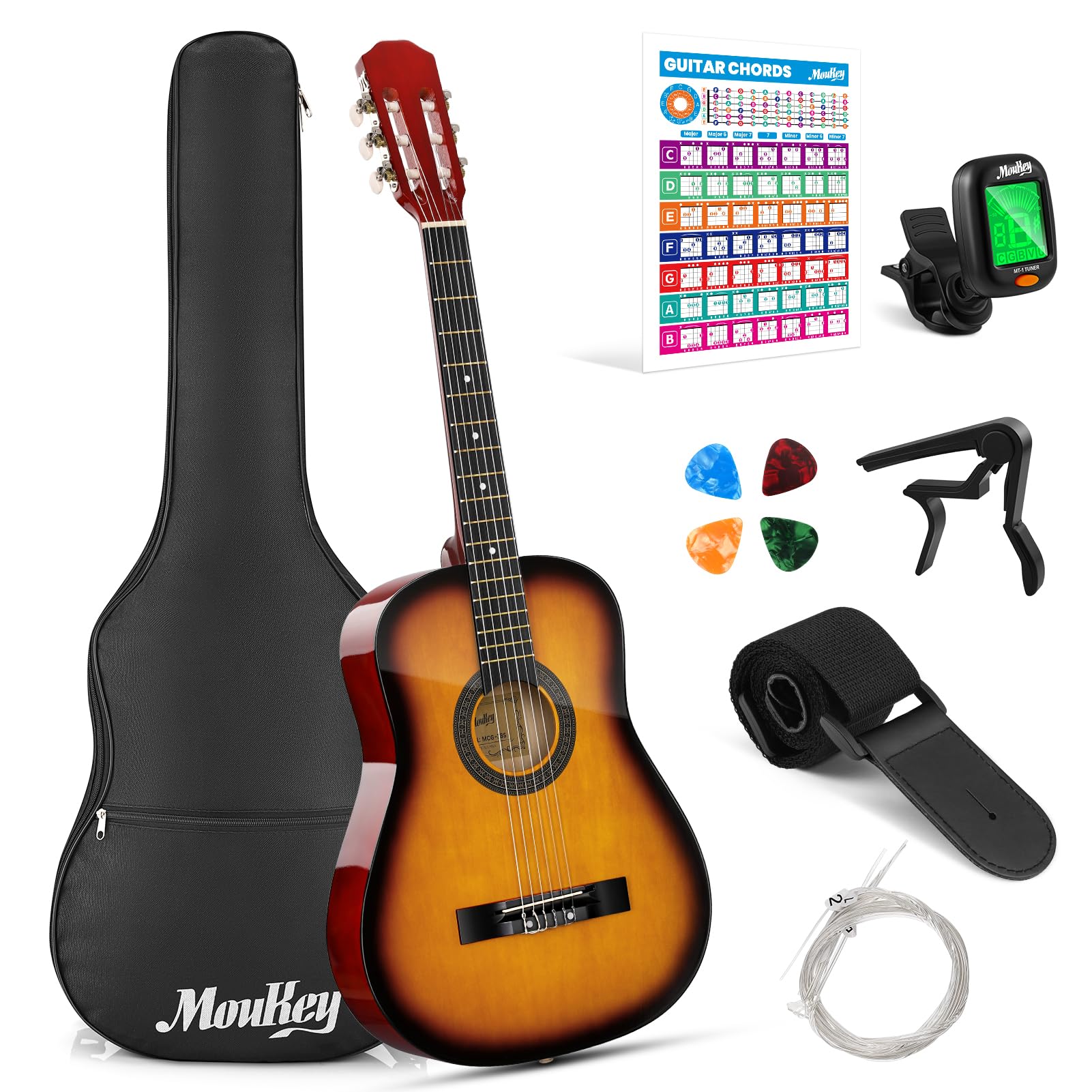 Moukey 38 Inch Acoustic Guitar for Beginners - Full Size Dreadnought Guitar Kit with Gig Bag, Tuner, Picks, Capo & Strap - Ideal for Kids, Youth & Adults - Perfect for Home Practice, Camping & Music Lessons (Sunburst)