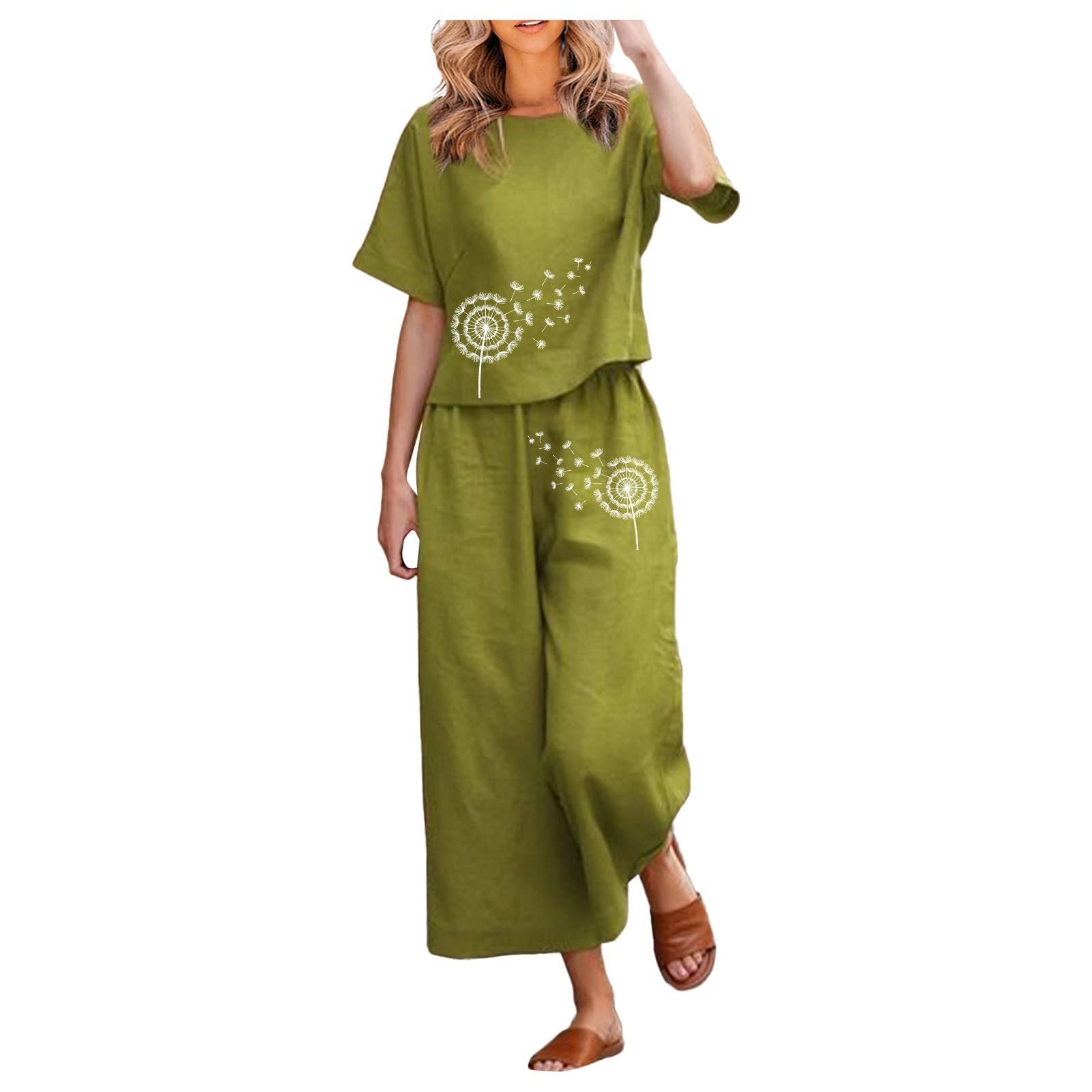 Women's 2-Piece Linen Set - Breathable Cotton Short Sleeve Printed Blouse & Loose Cropped Pants Outfit | Perfect for Summer, Beach Vacations & Casual Wear
