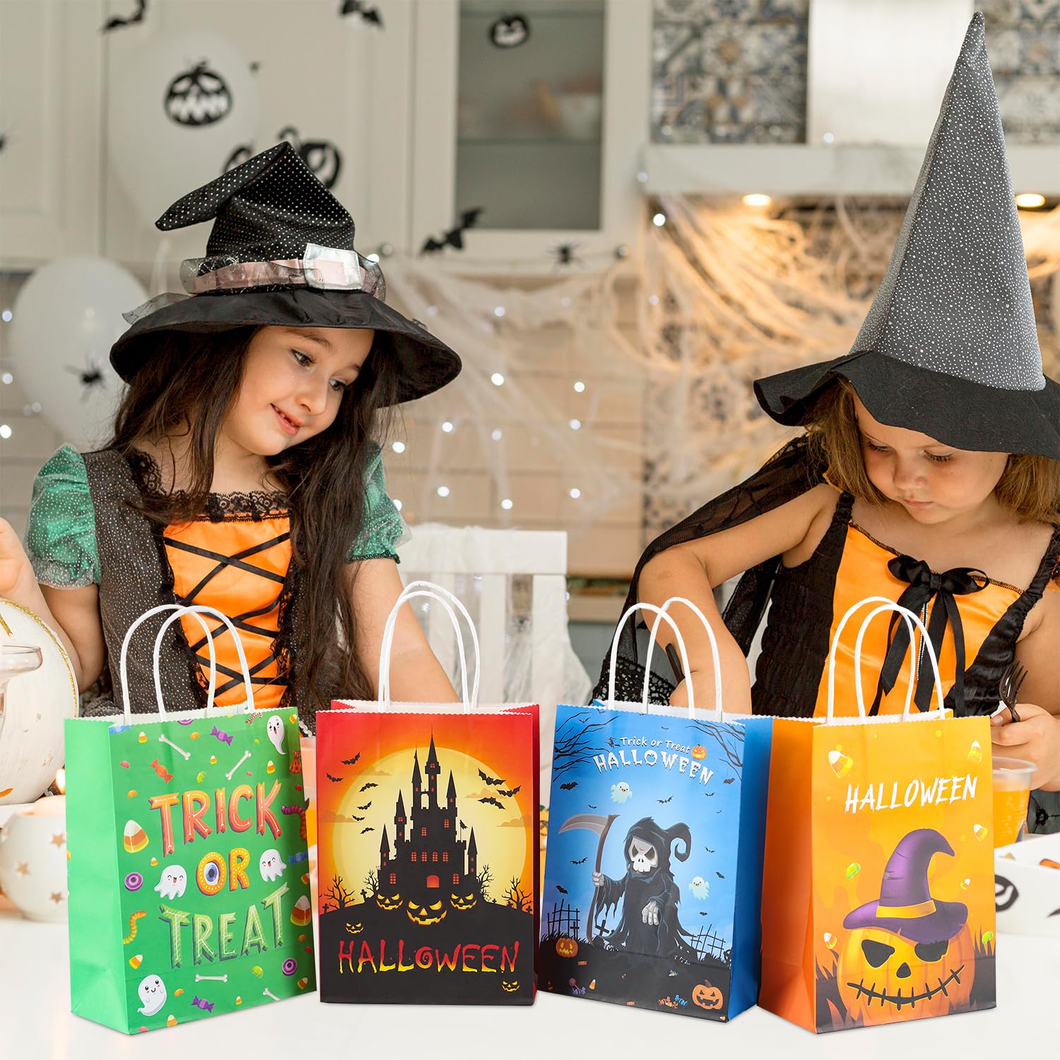 PINWATT 24Pcs Halloween Paper Gift Bags with Tissues - Trick or Treat Candy Bags with Handles for Kids Party Favors | Halloween Party Supplies, Classroom Treats & Candy Exchange