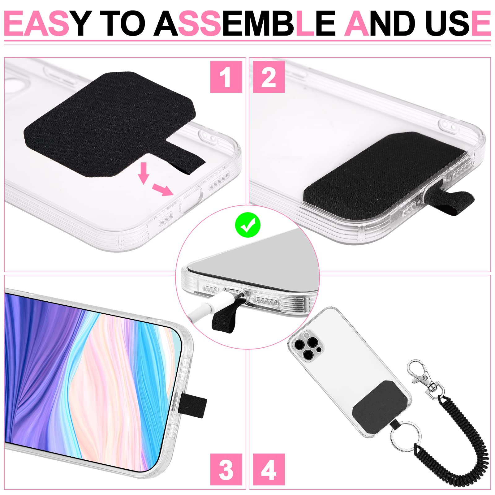 8 Sets Retractable Phone Lanyard with Patch Lasso Strap & Case Anchor - Anti-Theft Smartphone Harness for Skiing, Hiking & Outdoor Activities - Compatible with iPhone, Samsung & Most Smartphones