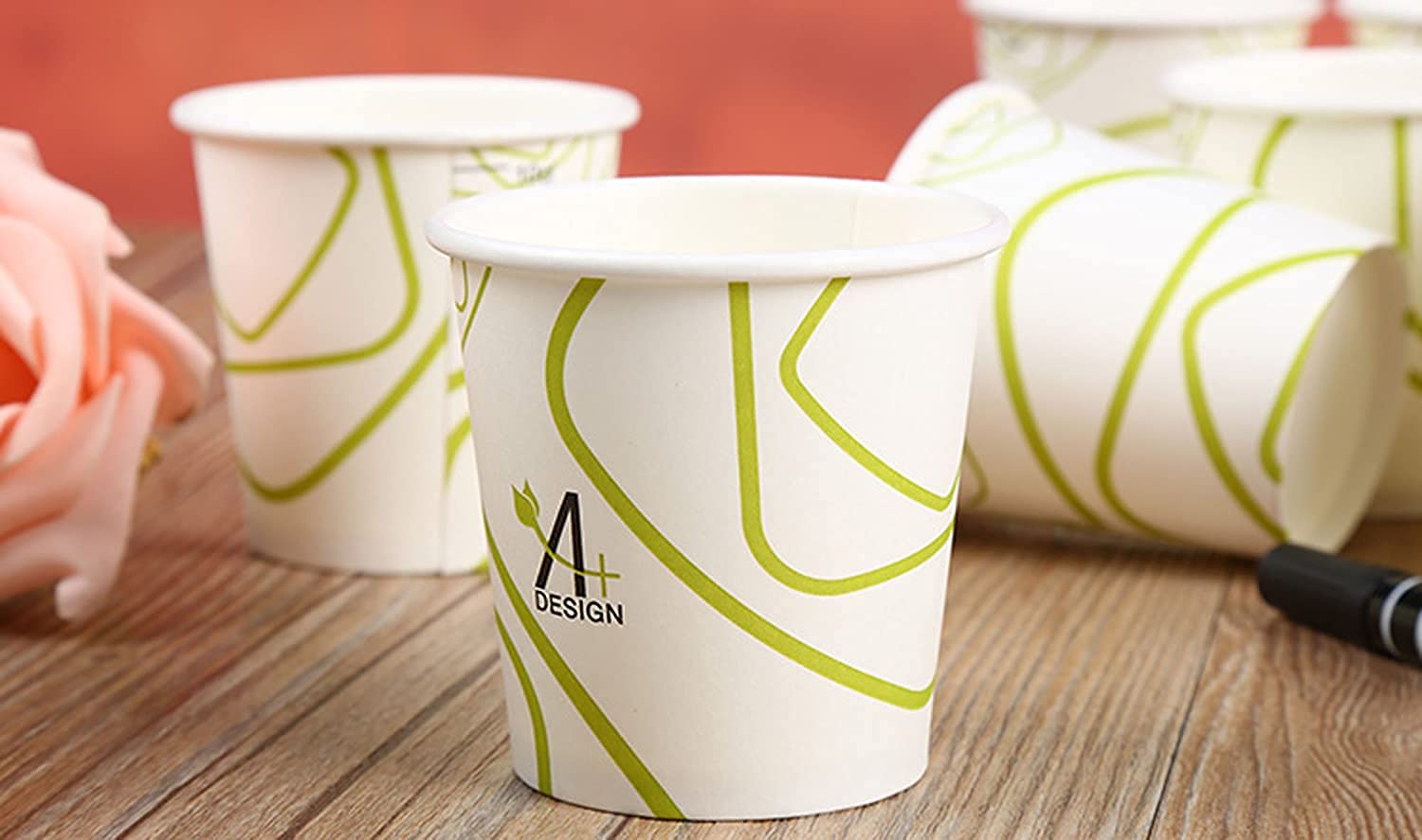 Eco-Friendly 8 oz Biodegradable & Compostable Paper Coffee Cups - 100 Count, Green Lines Design | Perfect for Home, Office, Cafes & Eco-Conscious Events