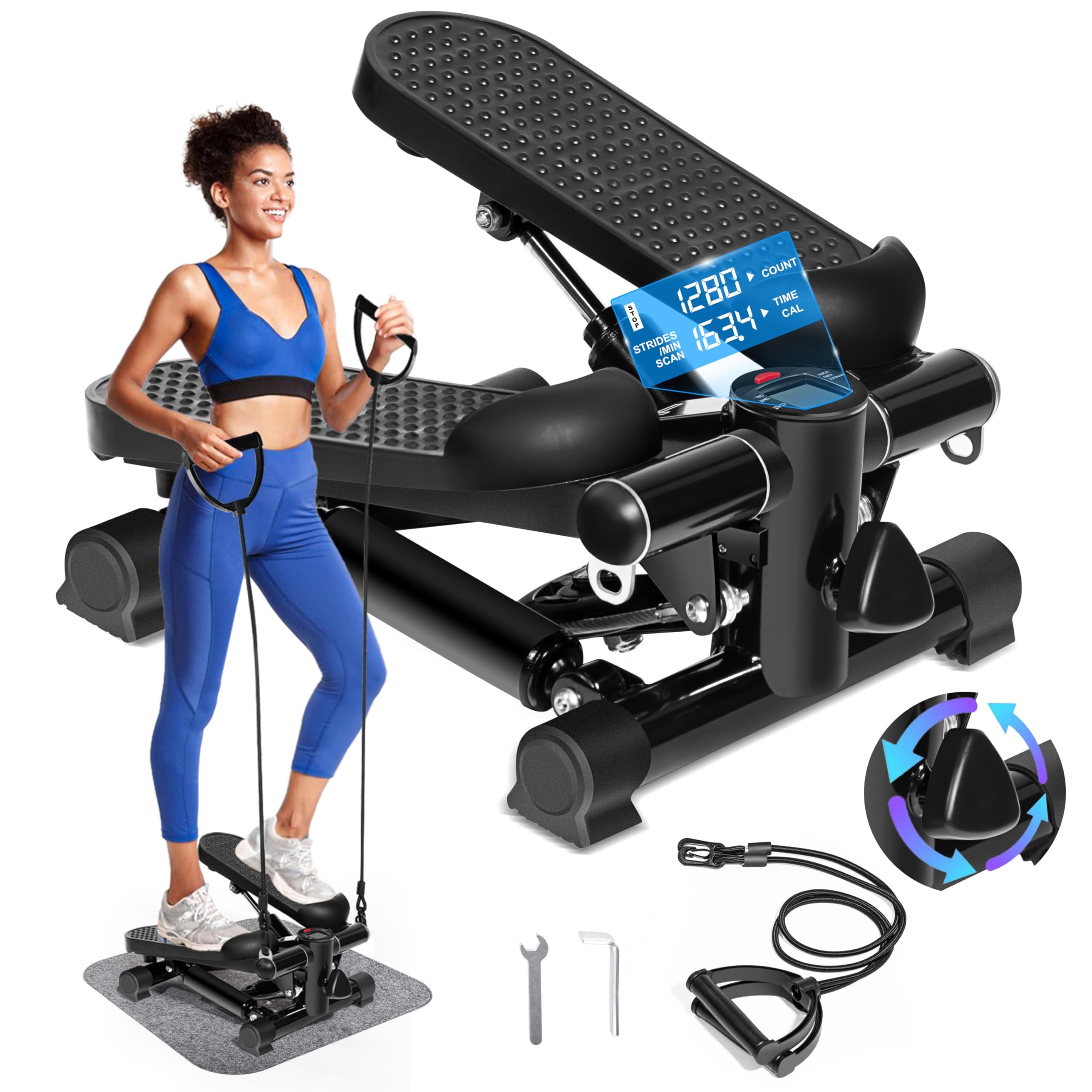 **Hydraulic Stair Stepper for Home Workout - Adjustable Height, 330 lbs Capacity with Resistance Bands & Non-Slip Mat - LCD Display for Steps & Time Tracking - Perfect for Cardio, Leg Toning & Full-Body Fitness**