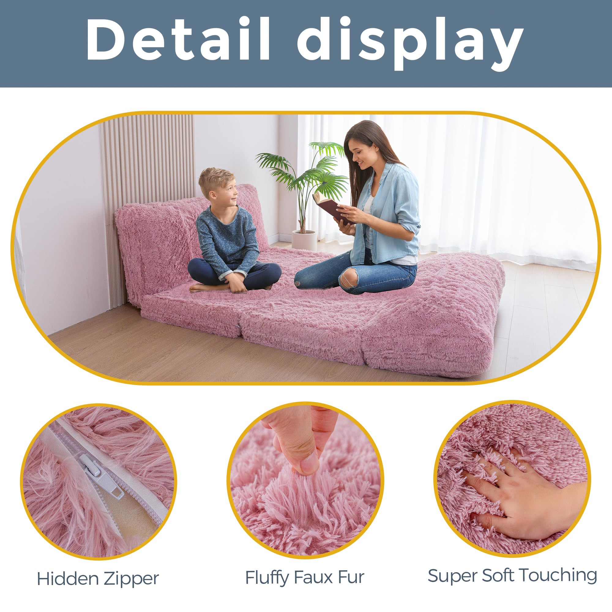 MAXYOYO Faux Fur Bean Bag Chair - Foldable Floor Sofa Bed with Foam Filling, Pink Lounge Chair for Living Room, Bedroom & Dorm | Perfect for Relaxing, Gaming & Sleepovers