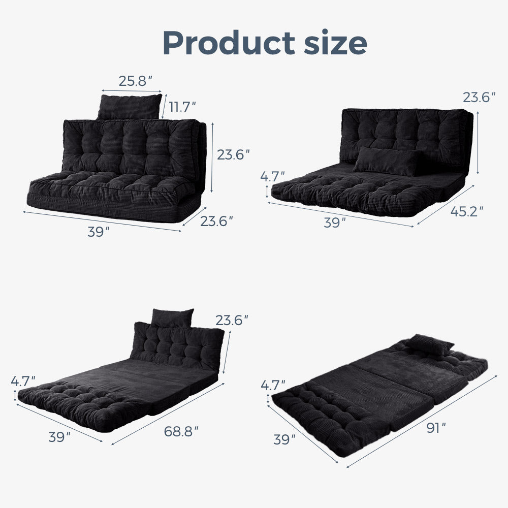 MAXYOYO Tufted Foldable Bean Bag Sofa Bed with Pillows - Black Floor Couch for Living Room, Bedroom & Dorm | Comfortable Lounge Chair for Relaxing, Reading & Gaming