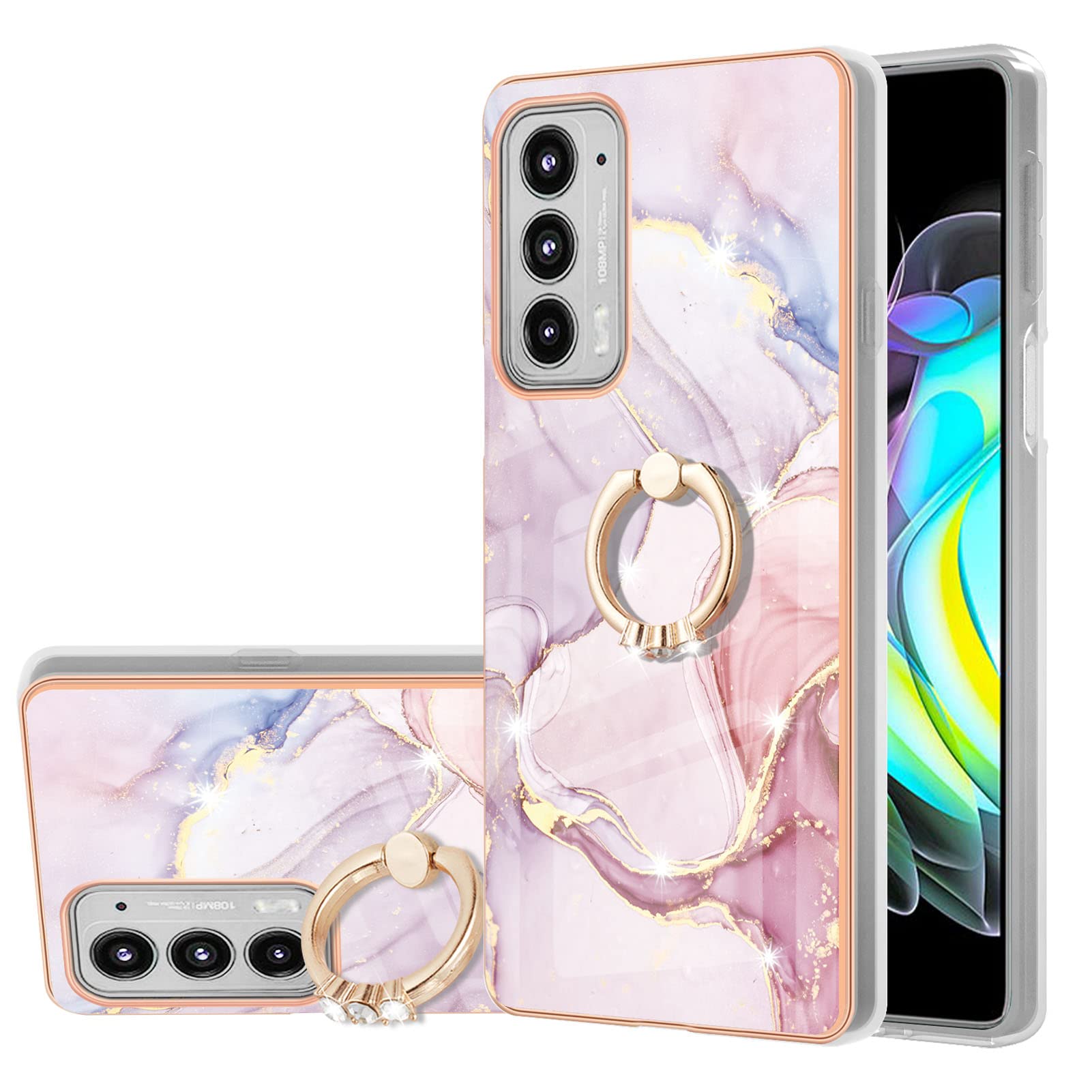 XYX Marble TPU Full-Body Protective Case with 360° Rotating Ring Kickstand for Motorola Edge 20 - Light Purple | Slim Fit Shockproof Cover for Daily Use, Work & Travel Protection