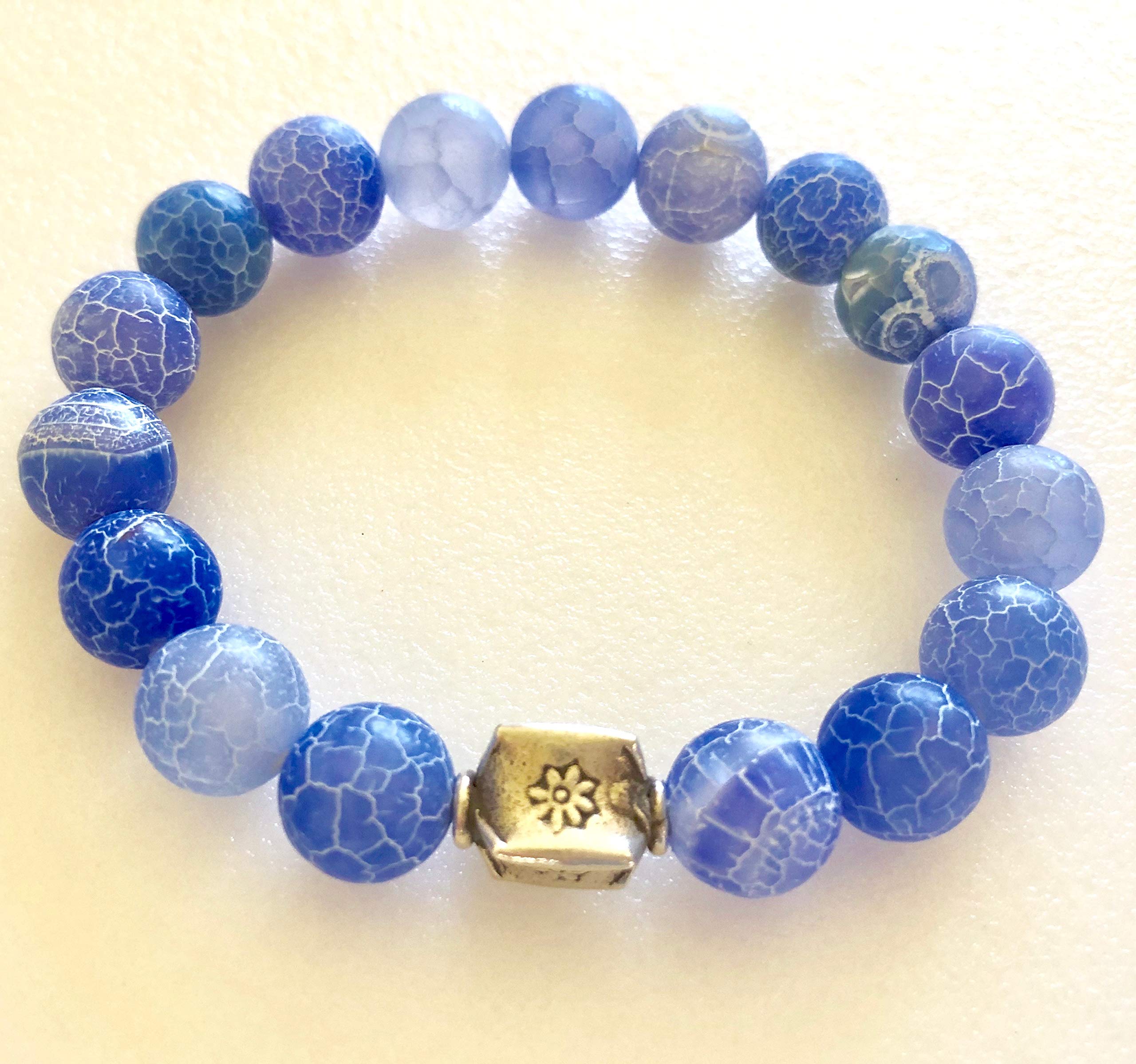 Blue Crackle Agate Stretch Bracelet with Sapphire Gemstones & Karen Hill Tribe Silver - Boho Flower Beaded Healing Crystal Jewelry for Meditation, Yoga & Spiritual Wellness