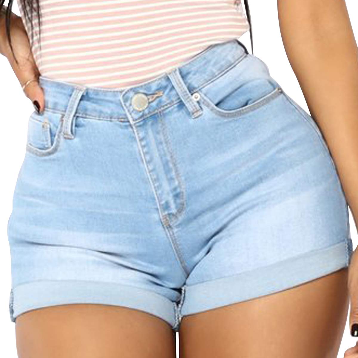 Vanberfia Women's Stretchy Denim Mid Rise Jean Shorts with Pockets - Comfortable & Stylish Casual Summer Shorts for Beach, Travel and Everyday Wear