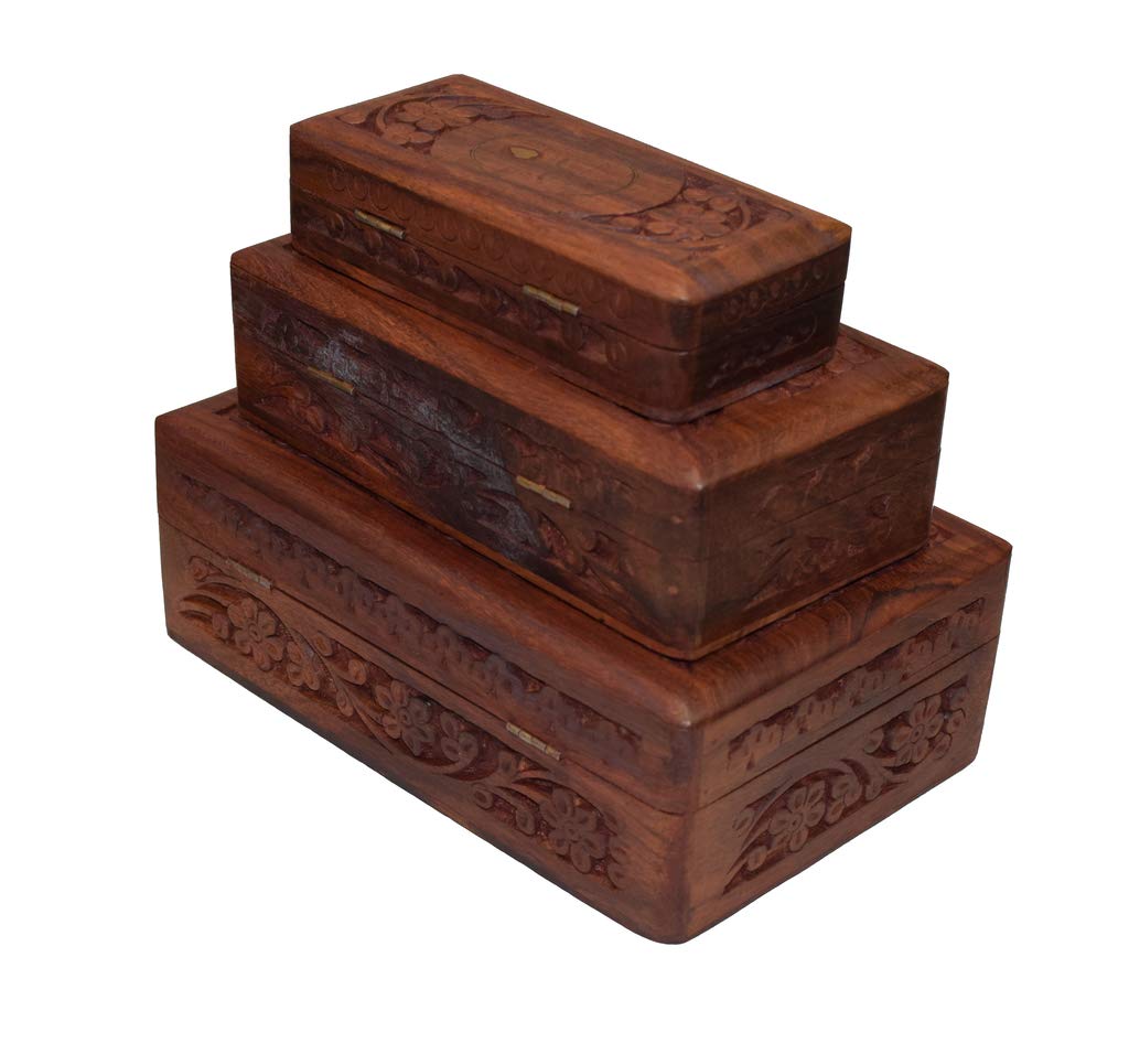 Set of 3 Handmade Wooden Jewelry Box Organizers with Floral Design - Perfect for Necklace, Ring & Earring Storage - Great Gift for Women, Brides & Home Decor