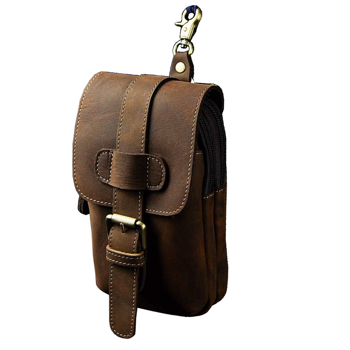 **Le'aokuu Men's Genuine Leather Fanny Pack - Small Hook Waist Bag & Hip Pouch for Travel, Hiking & Everyday Use (Dark Brown)**
