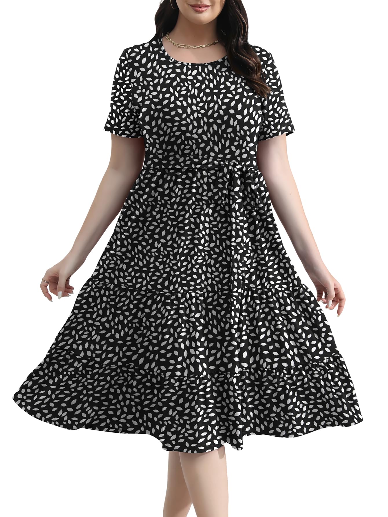 Elegant Plus Size Floral Midi Dress for Women 2025 - Tiered Flowy Modest Wedding Guest Dress with Belt & Pockets | Perfect for Bridal Showers, Garden Parties & Formal Events