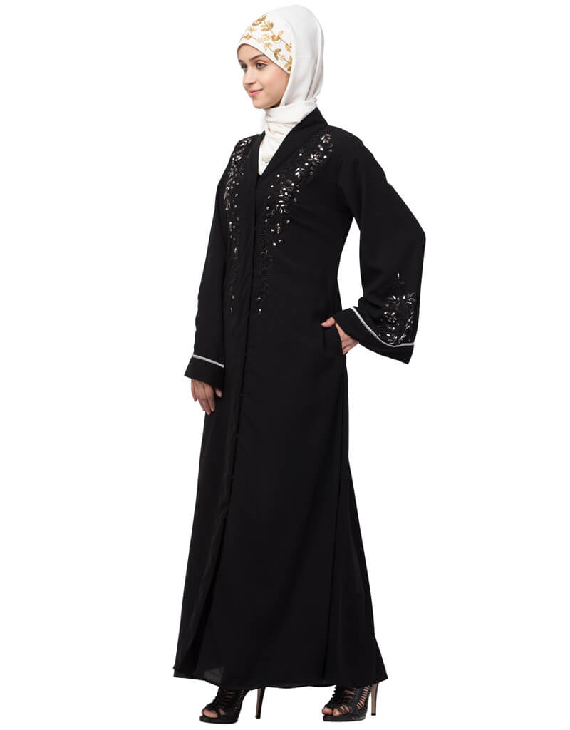 Elegant Black Arabic Abaya with Front Open Design & Hand Embroidery on Sleeves - Perfect for Prayer, Modest Fashion & Special Occasions