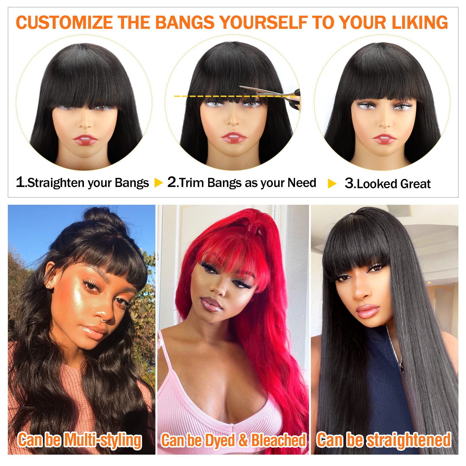 Brazilian Virgin Human Hair Wigs for Black Women - 18 Inch Body Wave Glueless Machine Made Wig with Bangs (150% Density, Natural Color) | Perfect for Daily Wear, Special Occasions & Protective Styling