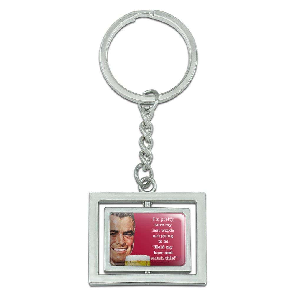Funny 'Hold My Beer Watch This' Spinning Rectangle Chrome Metal Keychain - Humor Gift for Men & Women - Perfect for Keys, Backpacks, and Gifts
