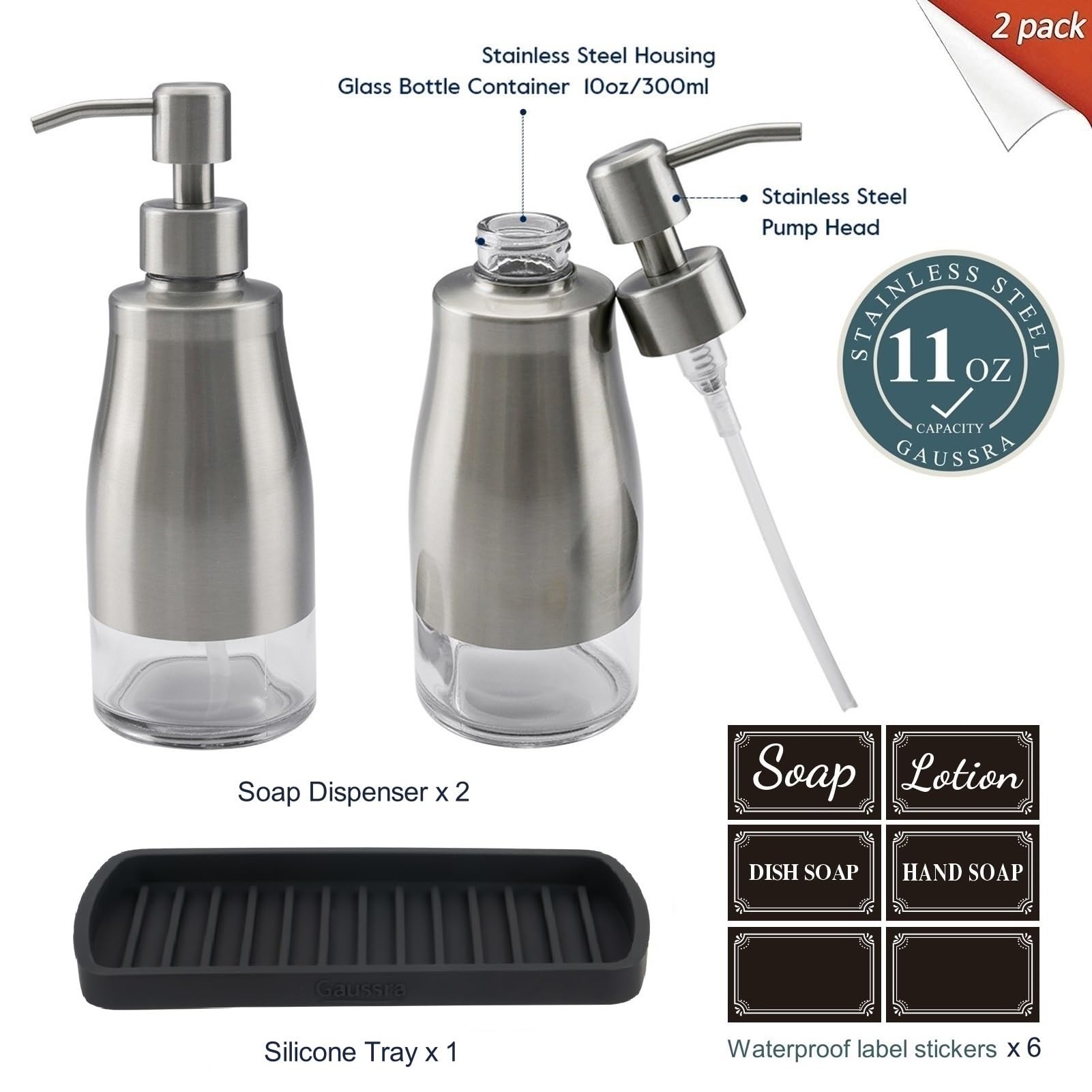 Premium Brushed Nickel Stainless Steel Glass Soap Dispenser Set with Silicone Tray & Stickers - Refillable Hand & Dish Soap Dispenser for Kitchen Sink, Bathroom Countertop - Elegant Home & Office Decor