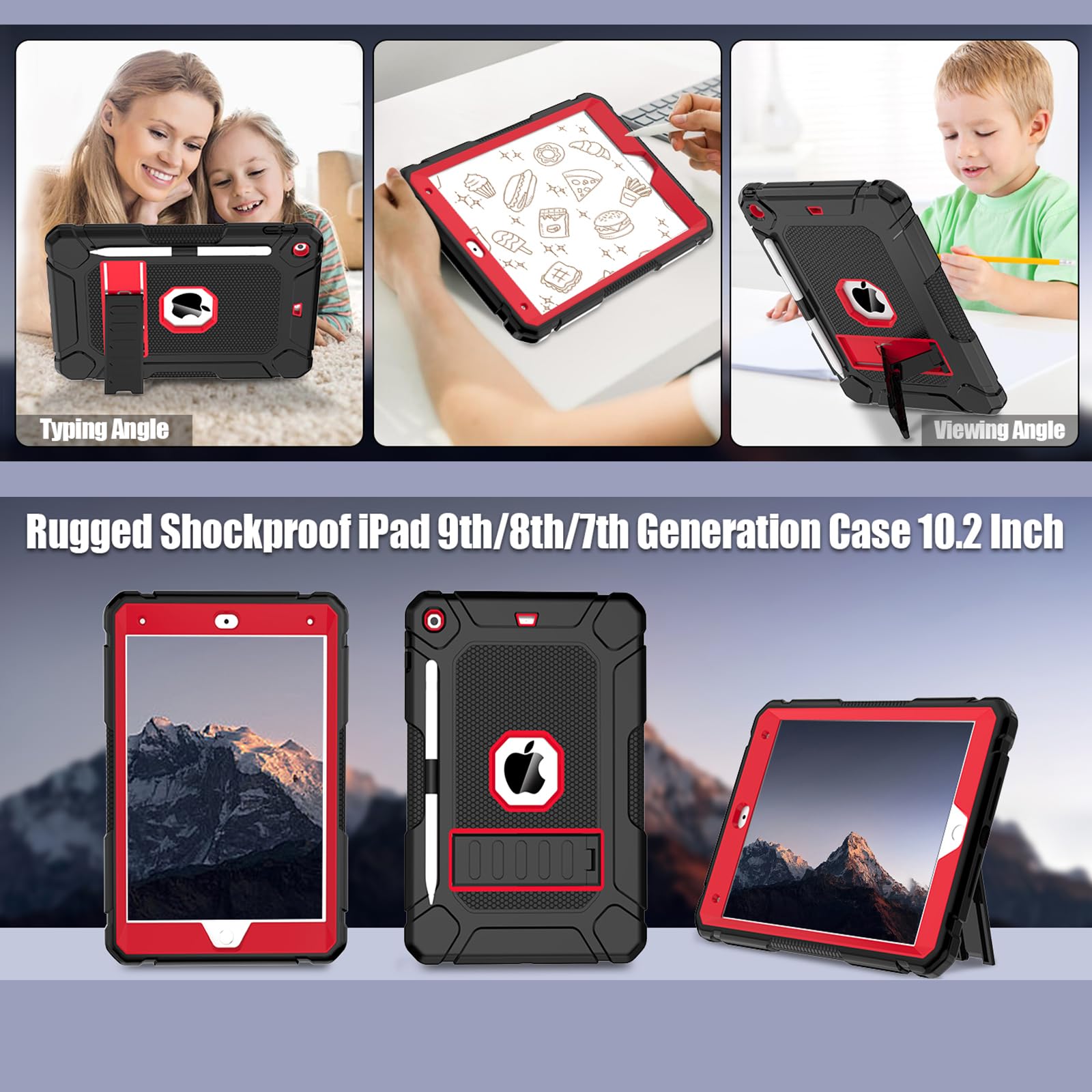 LTROP Shockproof Rugged Protective Case for iPad 9th/8th/7th Gen 10.2 Inch (2021/2020/2019) - Built-in Pencil Holder & Adjustable Kickstand | Perfect for Work, School & Travel | Black & Red Design