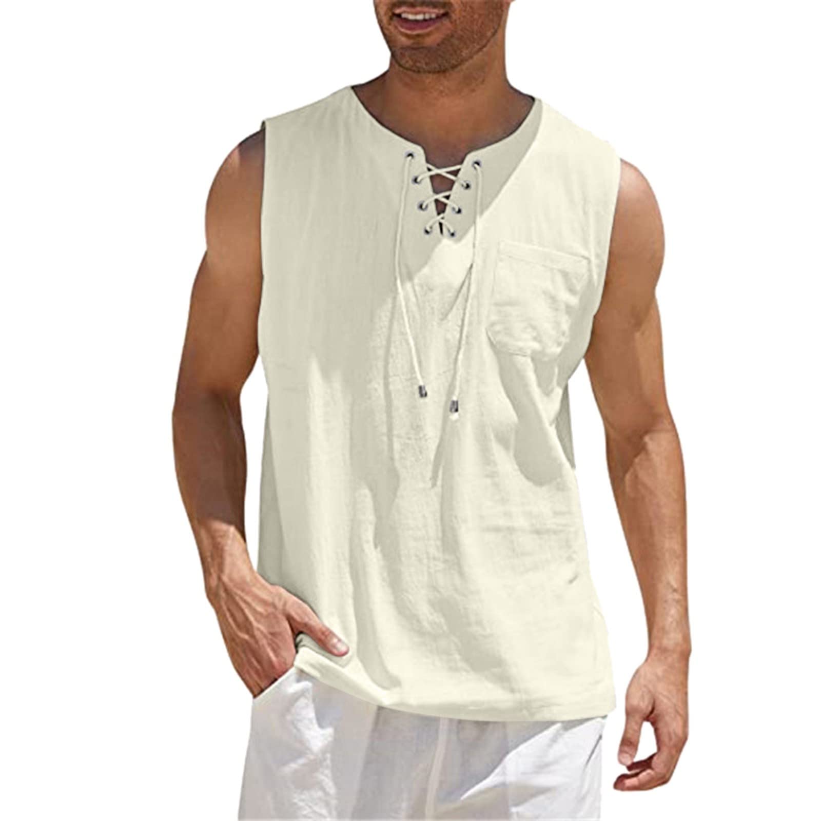 Men's Gym Workout Tank Tops - Lace Up Sleeveless Athletic Shirts with Chest Pocket for Beach, Yoga & Fitness Training | Breathable Quick-Dry Performance Tee for Running, Workouts & Summer Outdoor Activities