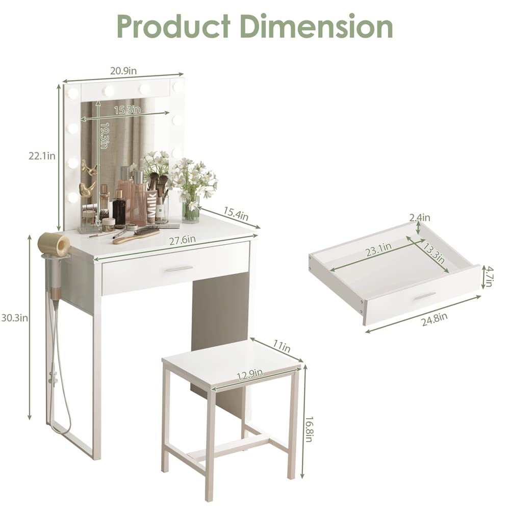 White Makeup Vanity Desk with Mirror & 10 LED Lights - Small Vanity Table & Chair Set for Bedroom, 27.6 Inch Dressing Table for Makeup, Skincare & Hair Styling - Perfect for Home, Apartment & Beauty Salon Use