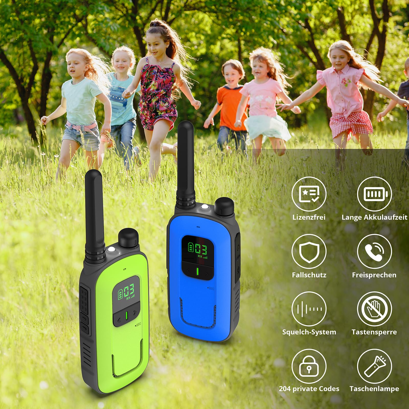 Radioddity PR-T3 Rechargeable Walkie Talkies for Kids & Families - 16 Channels, VOX, Flashlight, LCD Screen, USB Charging (Blue/Green) - Perfect for Outdoor Adventures, Camping, Hiking & Family Activities