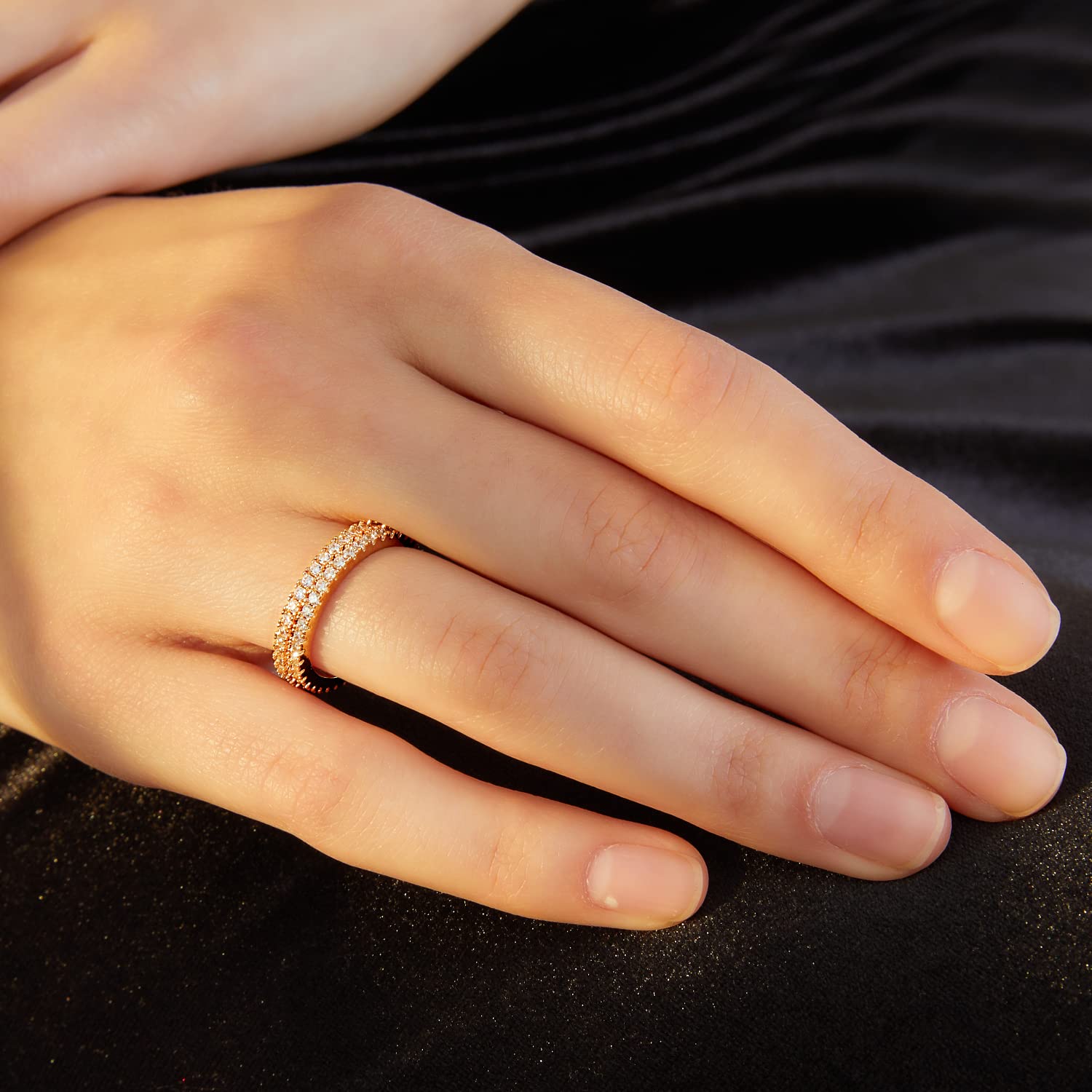 VOLUKA Eternity Stacking Rings for Women & Men - 18K Rose Gold Plated Cubic Zirconia Thin Band Rings - Perfect for Layering, Stacking & Everyday Wear