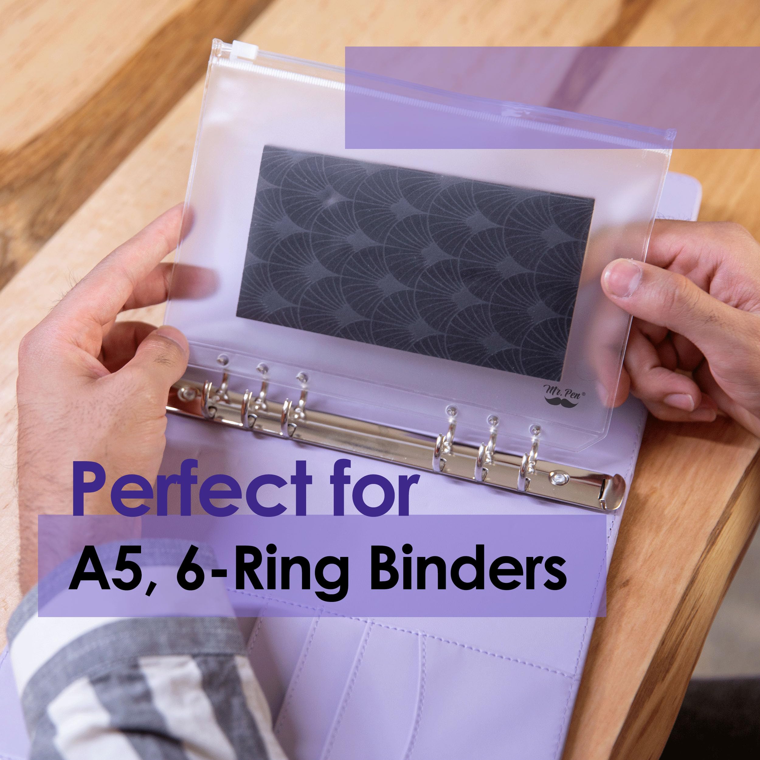 Mr. Pen A5 Plastic Binder Pockets - 8 Pack Clear 6-Ring Binder Envelopes for Money, Cash & Documents - Lightweight Money Organizer for Office, School & Travel (8 Pieces)