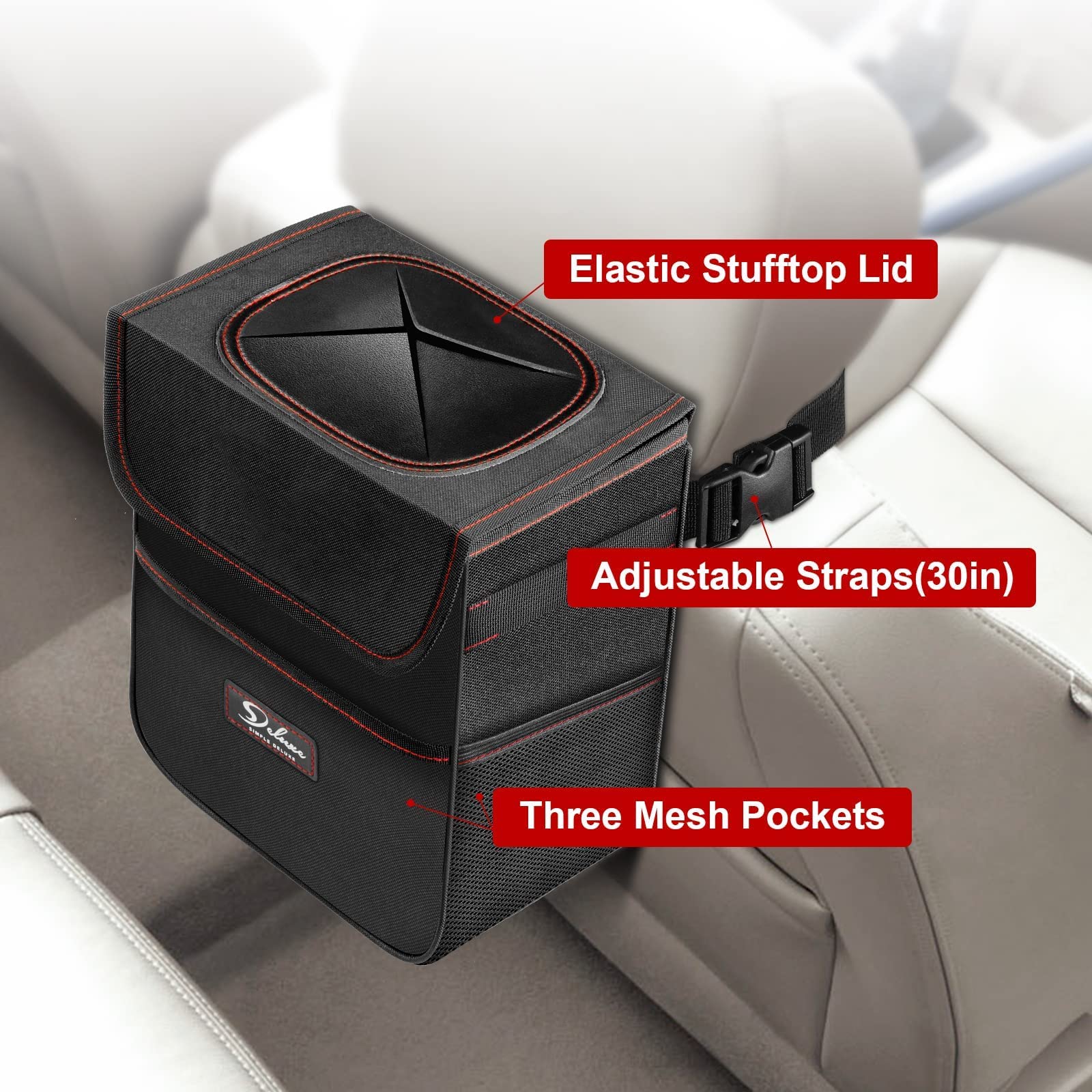 Simple Deluxe 2 Pack Leak-Proof Car Trash Can with Lid & Storage Pockets - Adjustable Straps, Collapsible & Waterproof 2 Gallon Auto Garbage Bin for SUV, Truck, Road Trips & Travel Accessories - Black