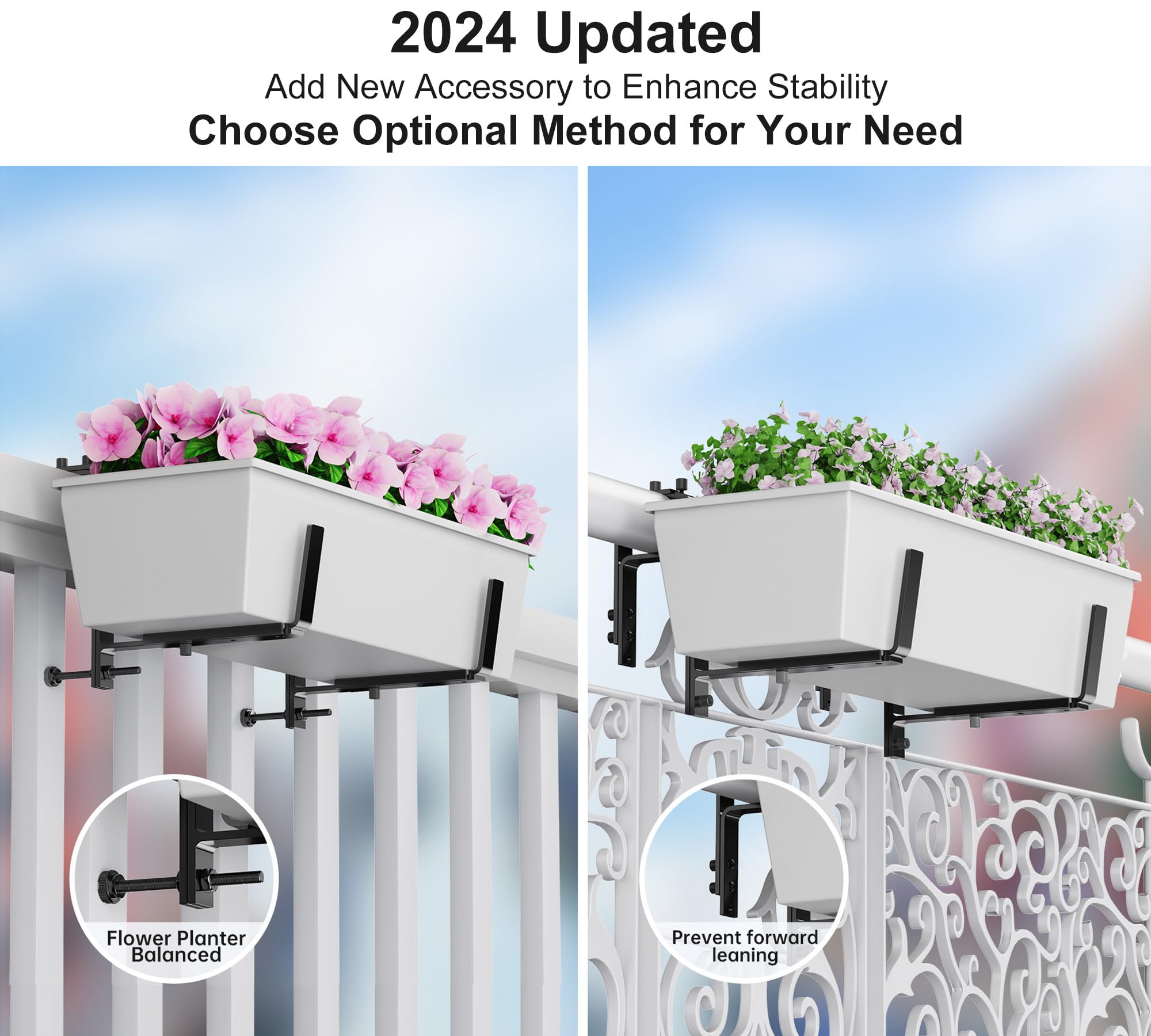 Y&M 4-Pack Adjustable Deck Railing Planter Box Brackets (6-12.5 Inch) - Heavy Duty Iron Window Box Hooks for Balcony, Fence, Patio & Garden - Black | Perfect for Hanging Flower Boxes on Railings, Walls & Outdoor Spaces